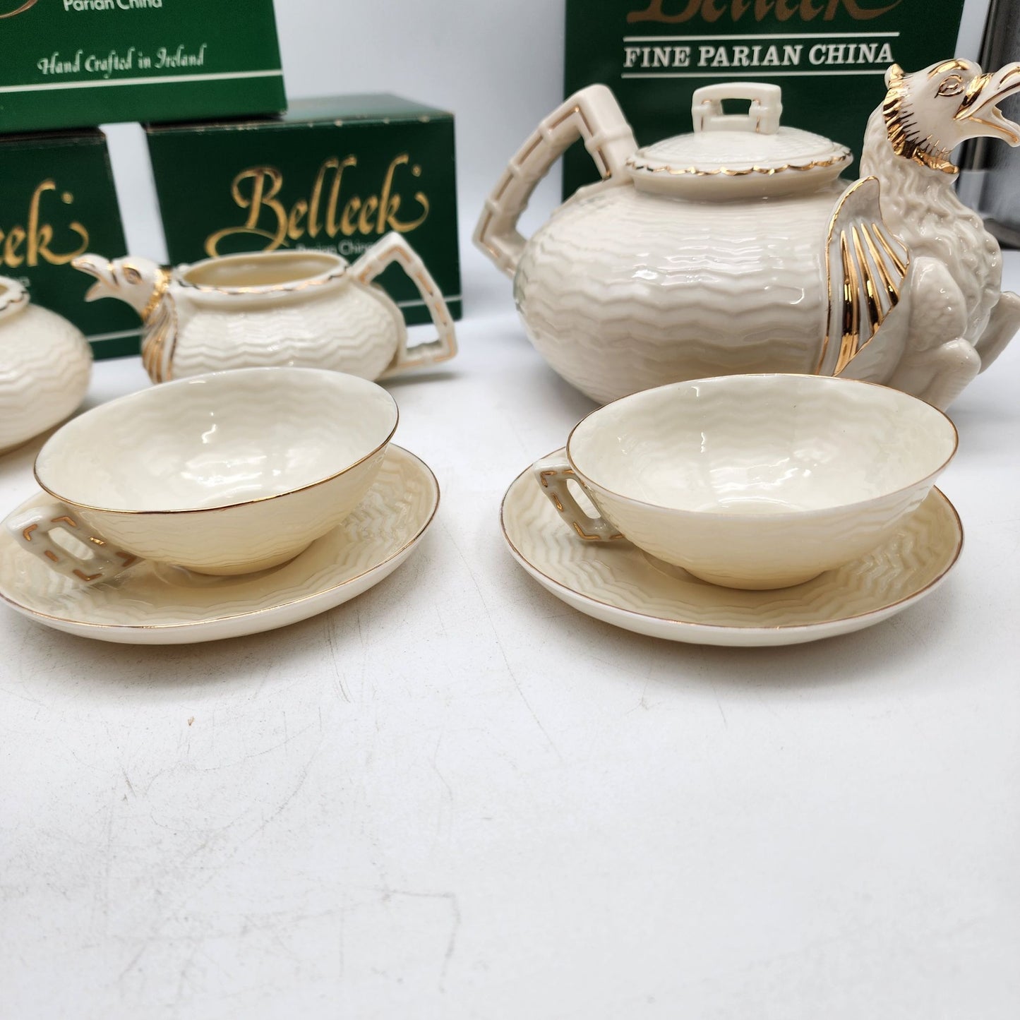 Belleek Dragon Tea Set Teapot Creamer Sugar Bowl & Tea Cups with Saucers - as found