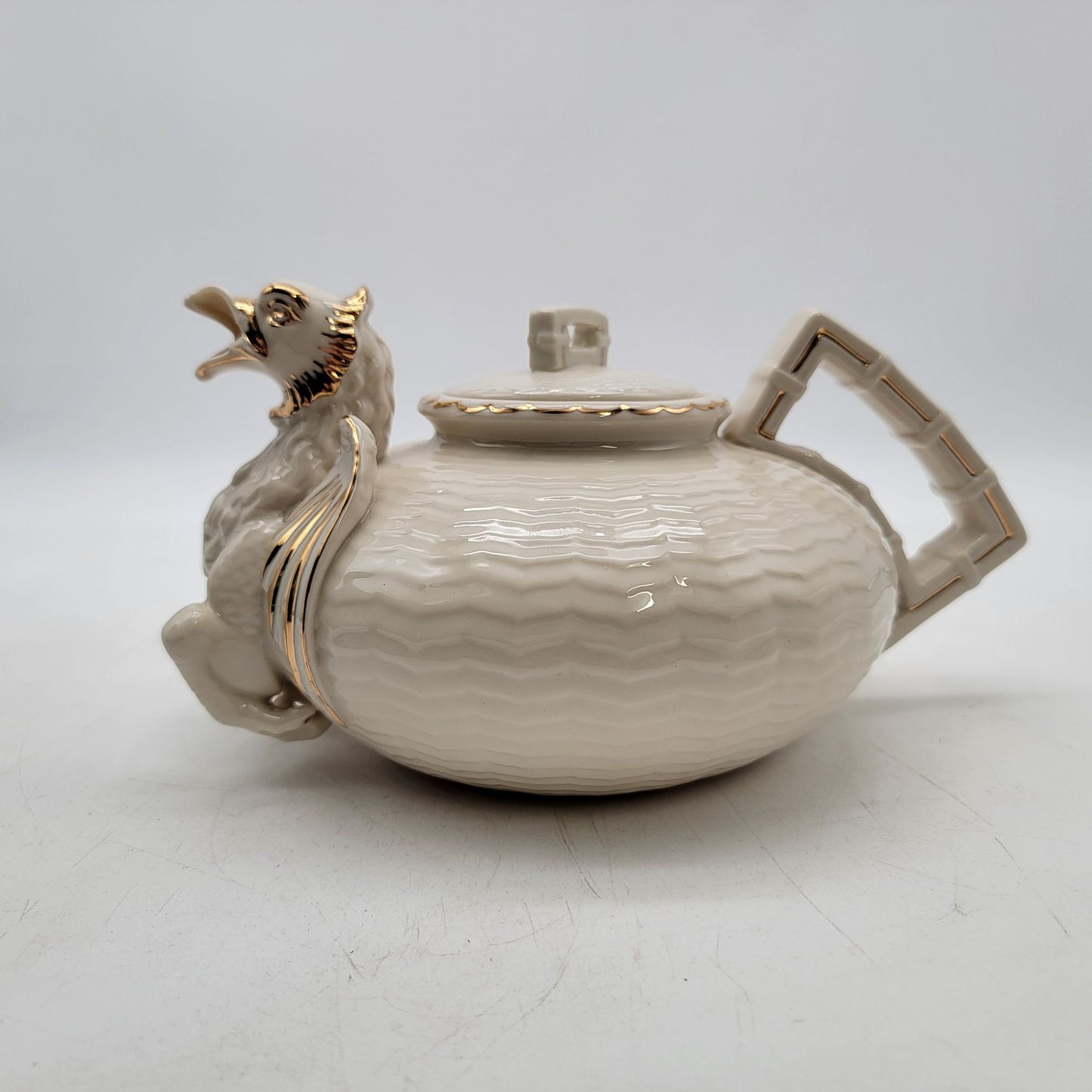 Belleek Dragon Tea Set Teapot Creamer Sugar Bowl & Tea Cups with Saucers - as found