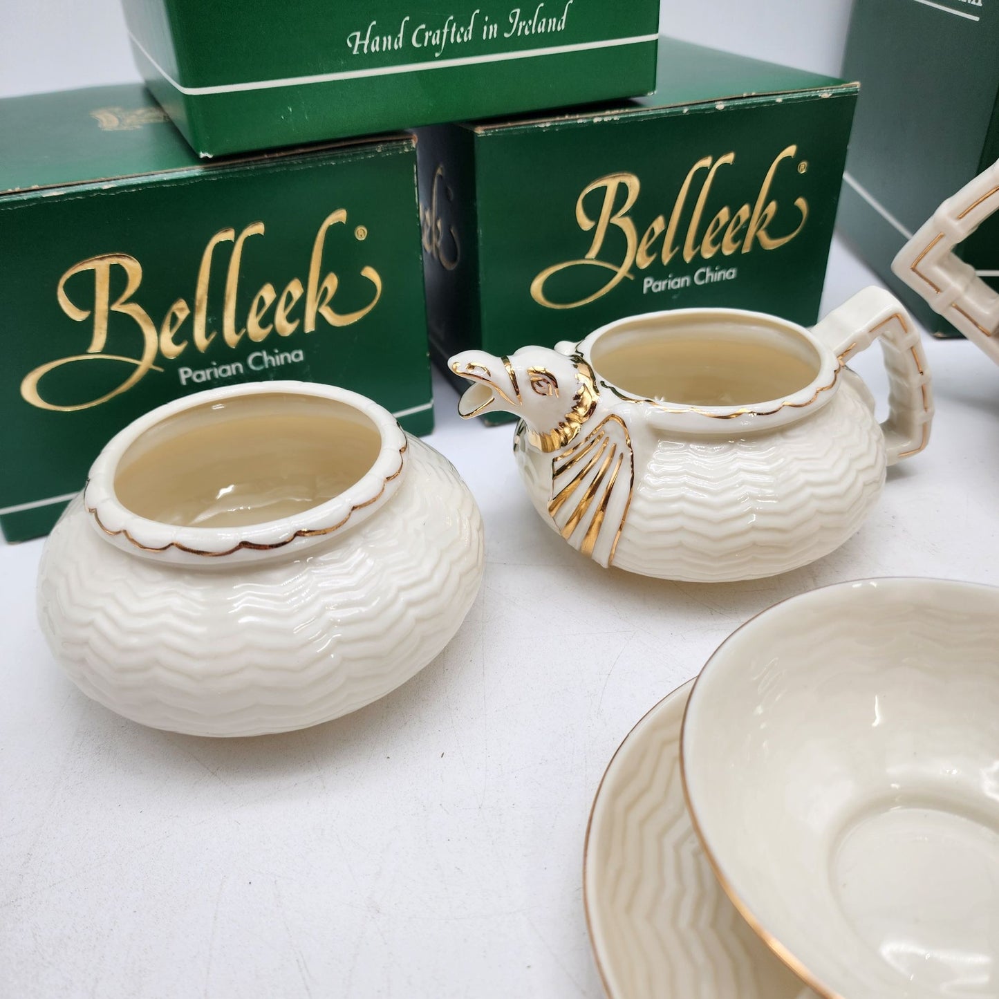 Belleek Dragon Tea Set Teapot Creamer Sugar Bowl & Tea Cups with Saucers - as found