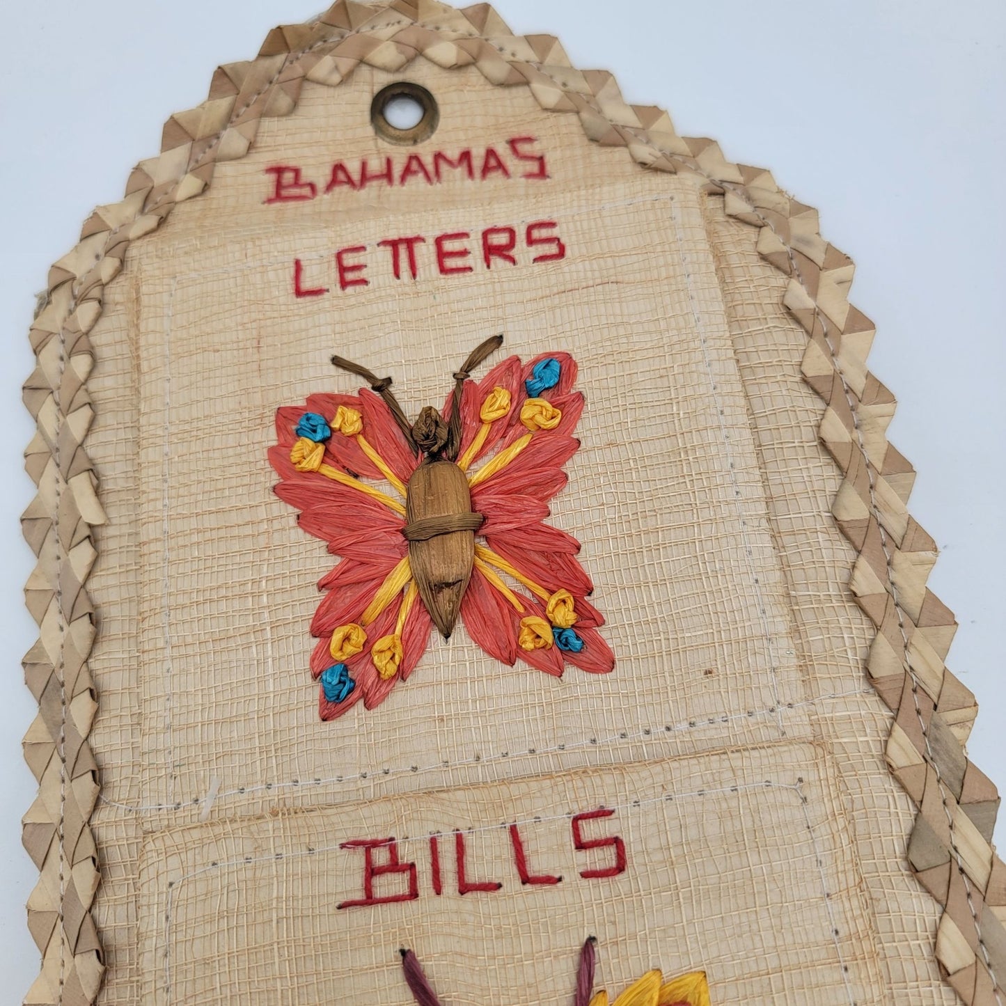 Vintage Bahamas Woven Wall Organizer With Butterfly Design For Letters Bills & Misc