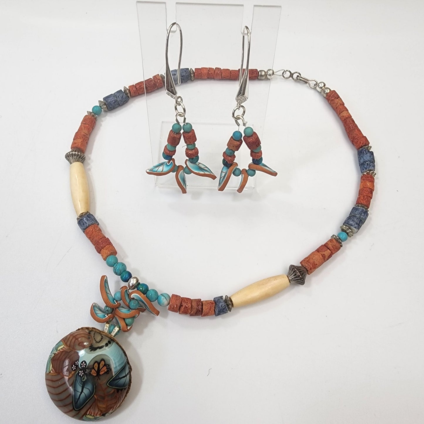 Hand-Painted Indigenous Art Pottery Pendant, Necklace & Earrings Set