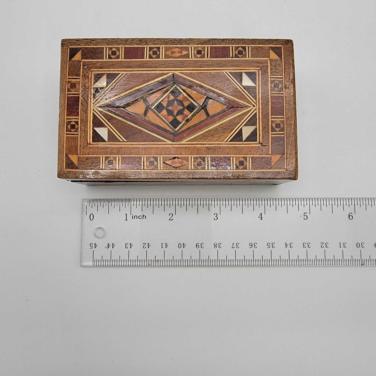 Vintage Mosaic Inlay Marquetry Wood Box Middle Eastern