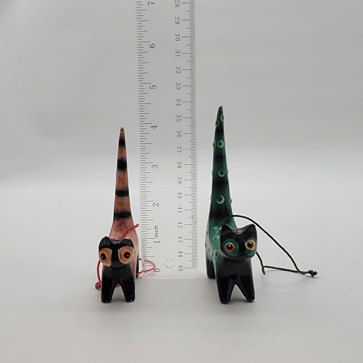Pair Of Wooden Folk Art Cat Ornaments