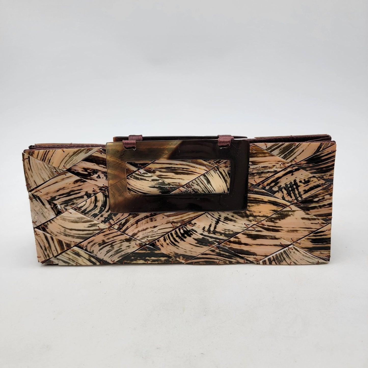 Shell Tiled Clutch Purse With Lucite Tortoise Shell Handles