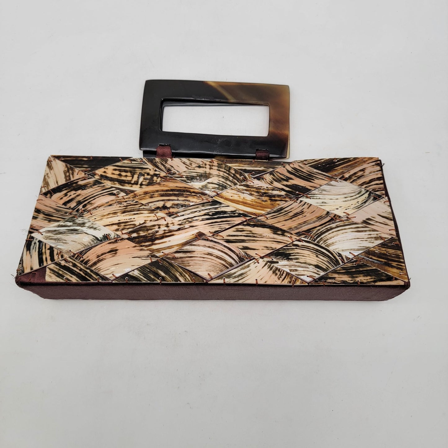 Shell Tiled Clutch Purse With Lucite Tortoise Shell Handles