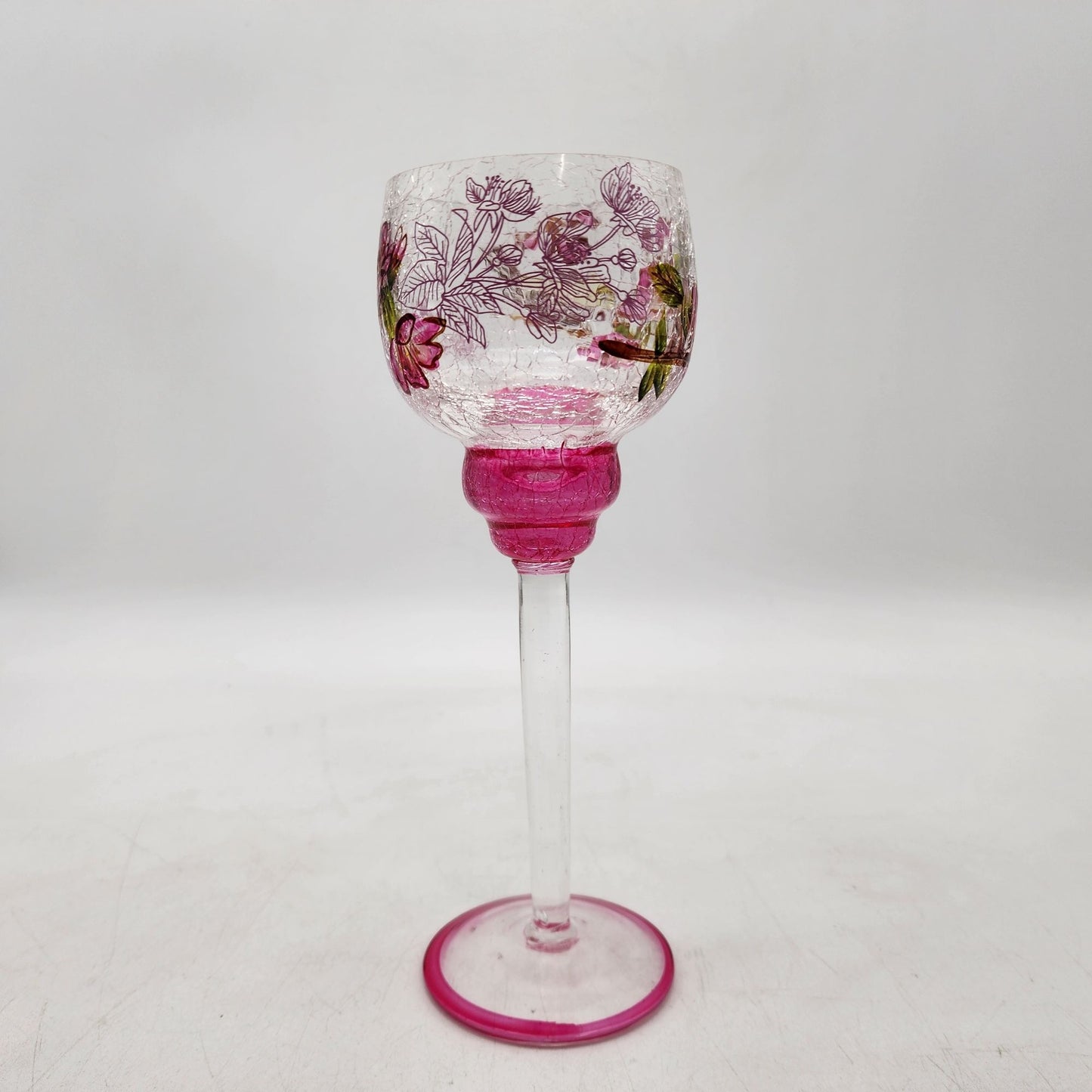 Pink Floral Bird Crackle Glass Goblet Candle Holder