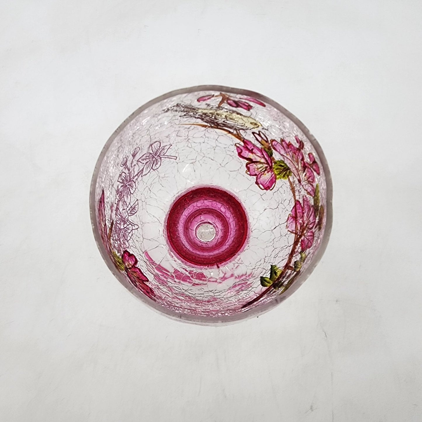 Pink Floral Bird Crackle Glass Goblet Candle Holder