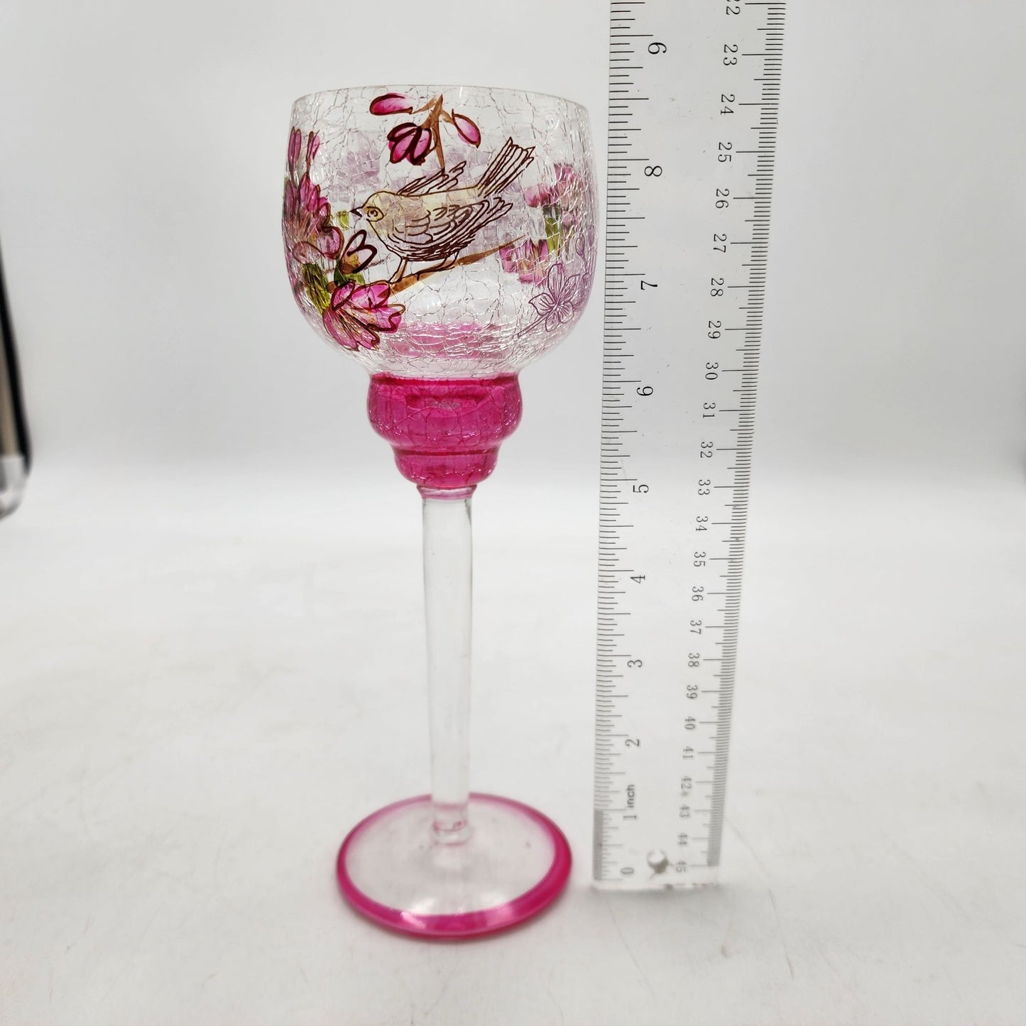 Pink Floral Bird Crackle Glass Goblet Candle Holder