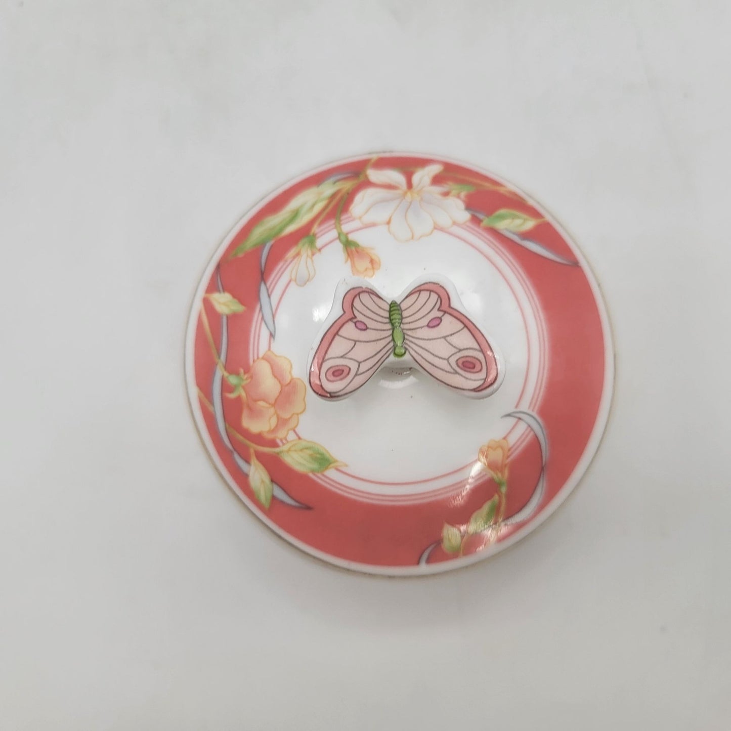 Vintage Lefton China Floral Pattern Lidded Trinket Box With Butterfly Knob