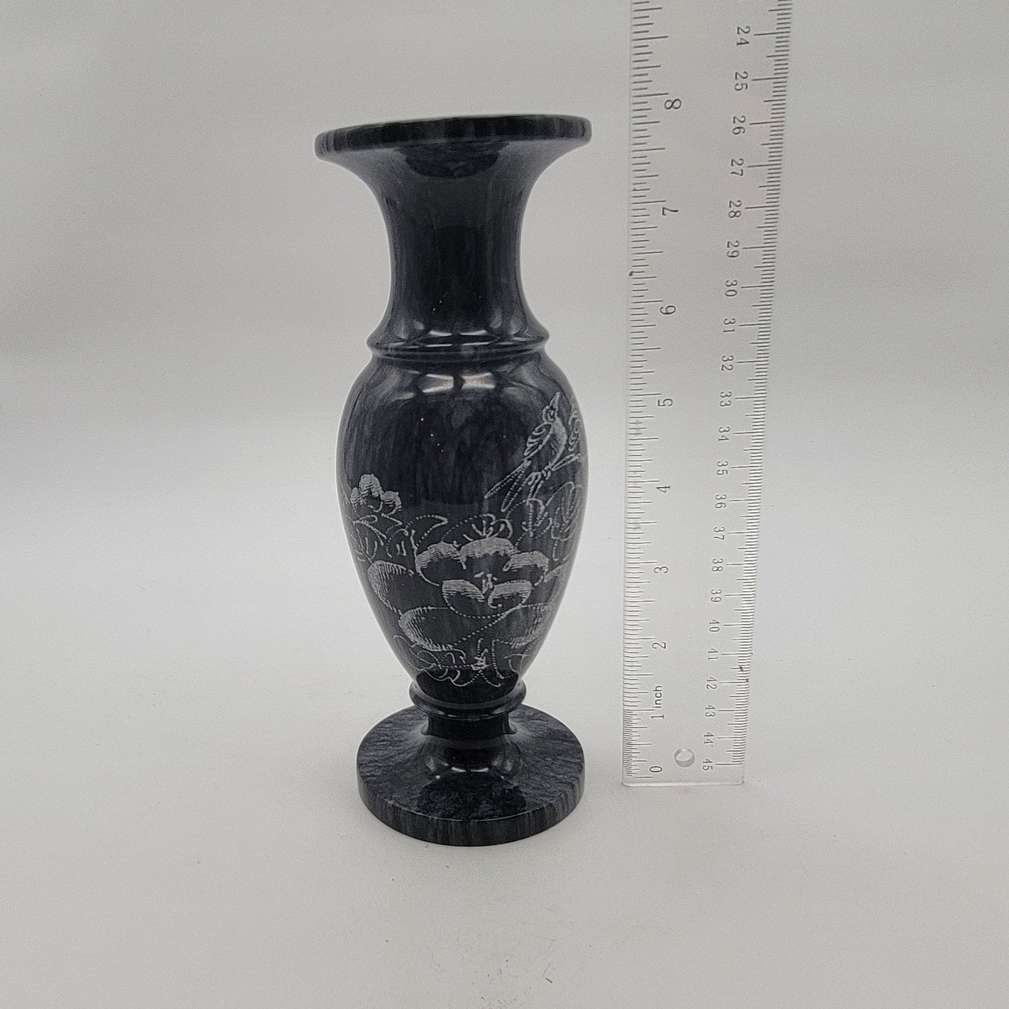 Vintage Black Marble Vase Etched Birds