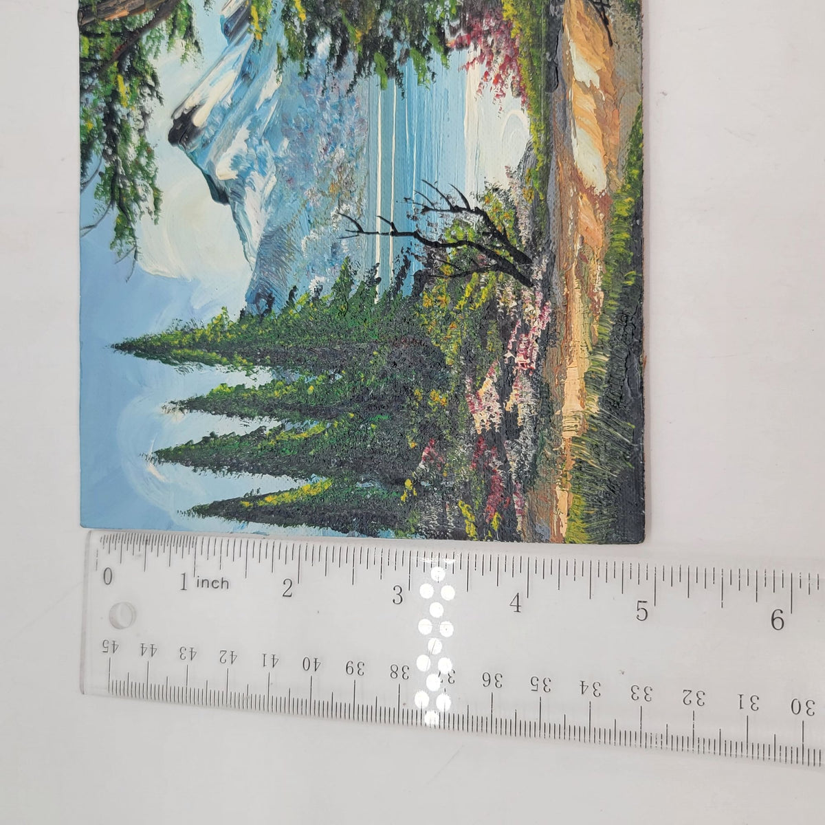 Original Landscape Oil Painting On Wood Panel With Impasto Texture Featuring Trees Mountains And A Lake Scene 5x7"