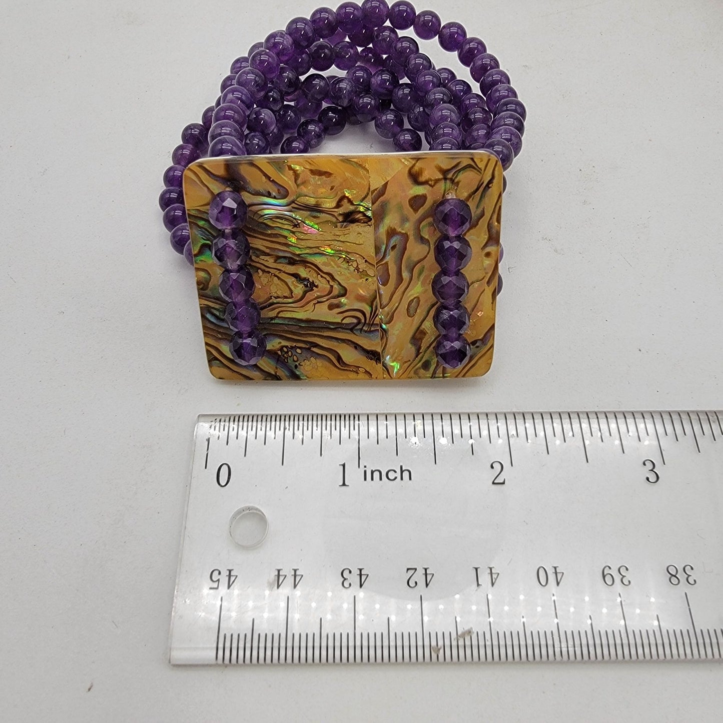 Multi-Strand Amethyst Gemstone Beaded Bracelet With Abalone Shell Panel