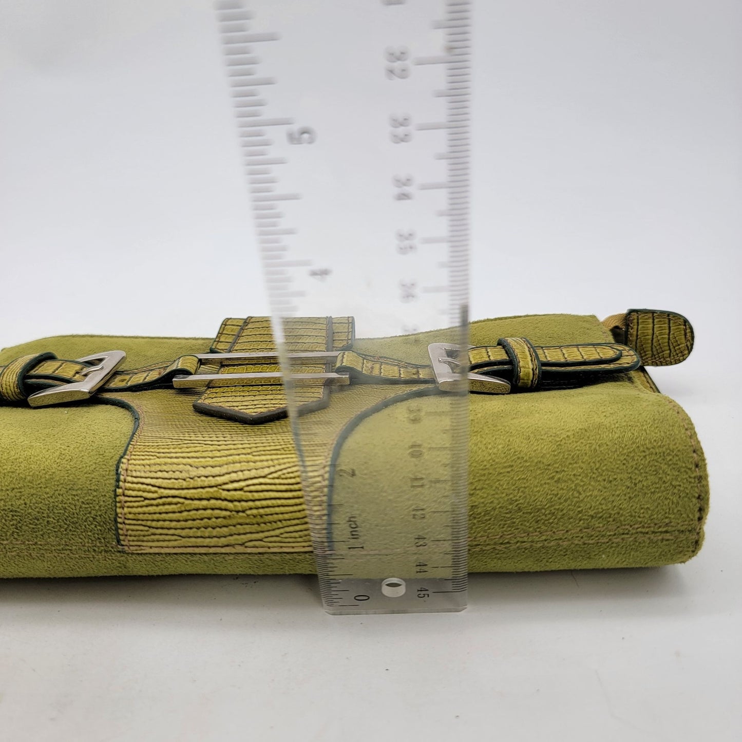 Green Suede & Leather Clutch Wallet With Buckle Accents & Zip Closure