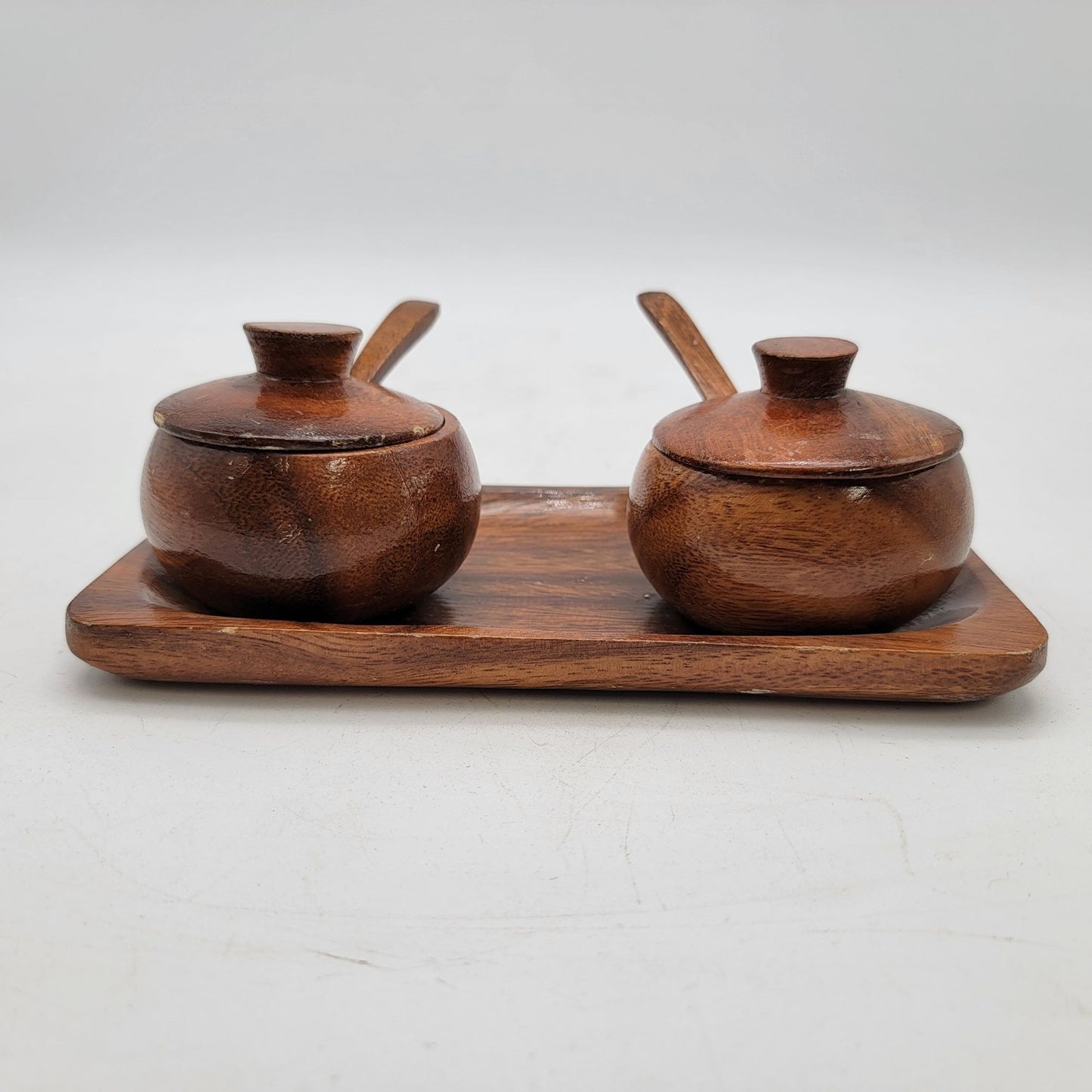 Vintage Wooden Spice Jar Set With Tray & Spoons