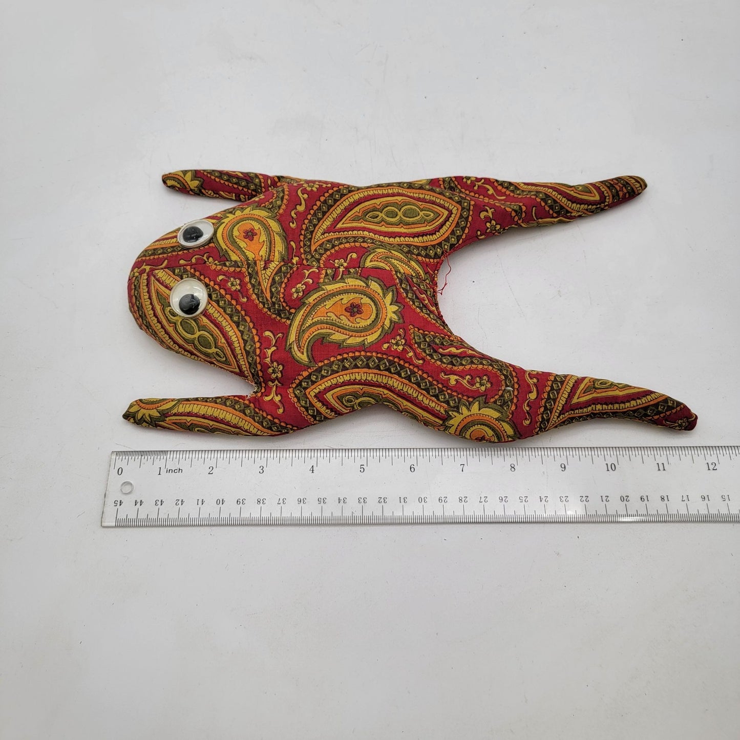 Vintage Handmade Paisley Fabric Frog With Googly Eyes