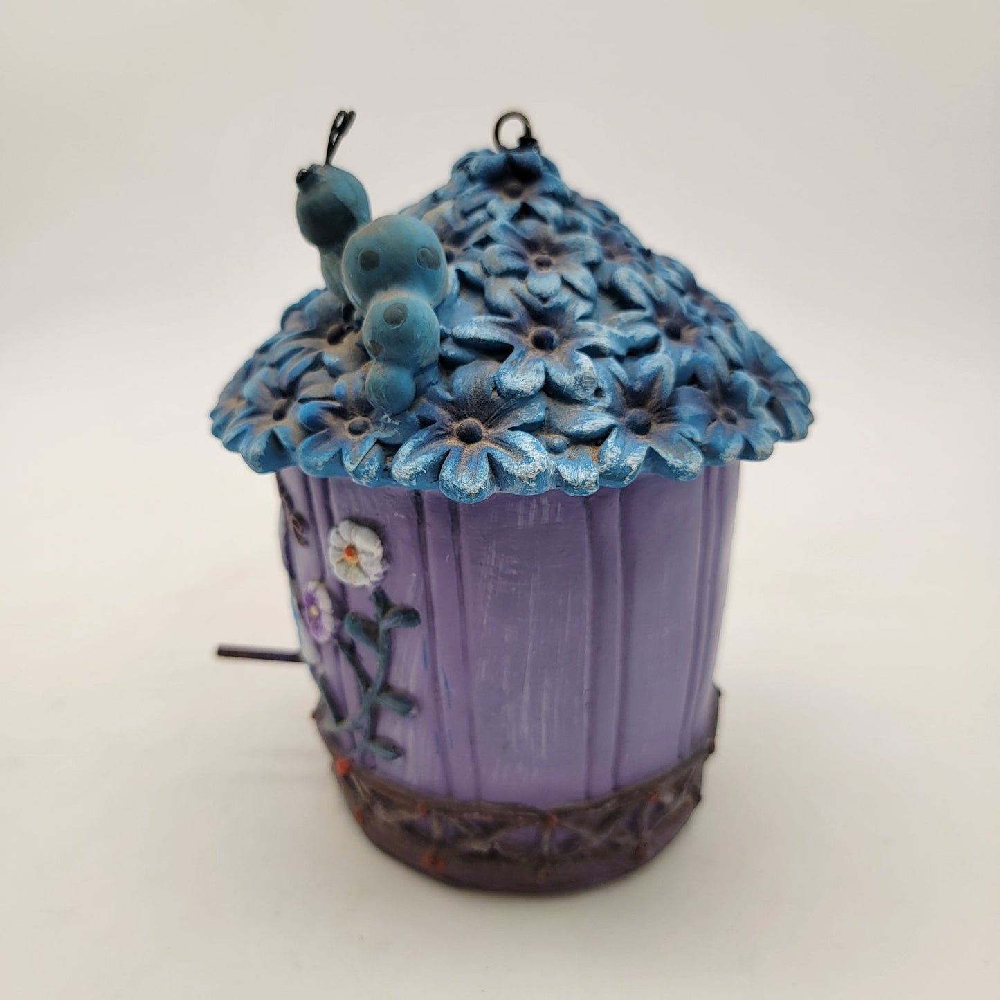Whimsical Floral "Sweet Home" Birdhouse With Chain & Caterpillar Decoration