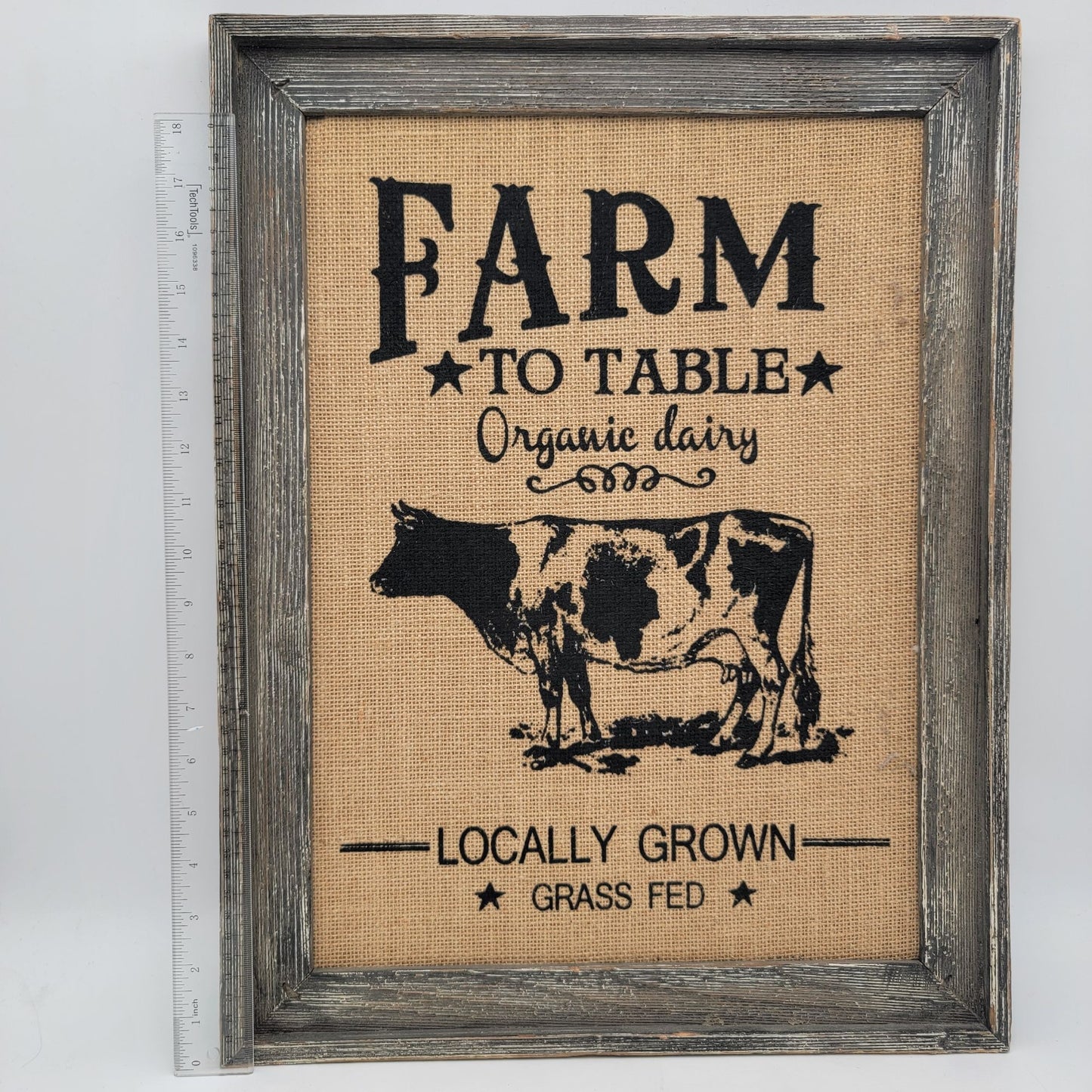 Farm To Table Burlap Wall Art Rustic Cow Print In Distressed Wooden Frame
