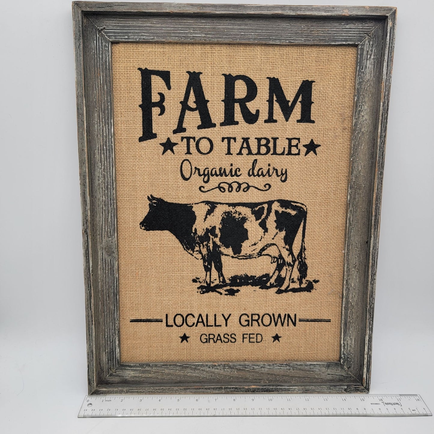 Farm To Table Burlap Wall Art Rustic Cow Print In Distressed Wooden Frame