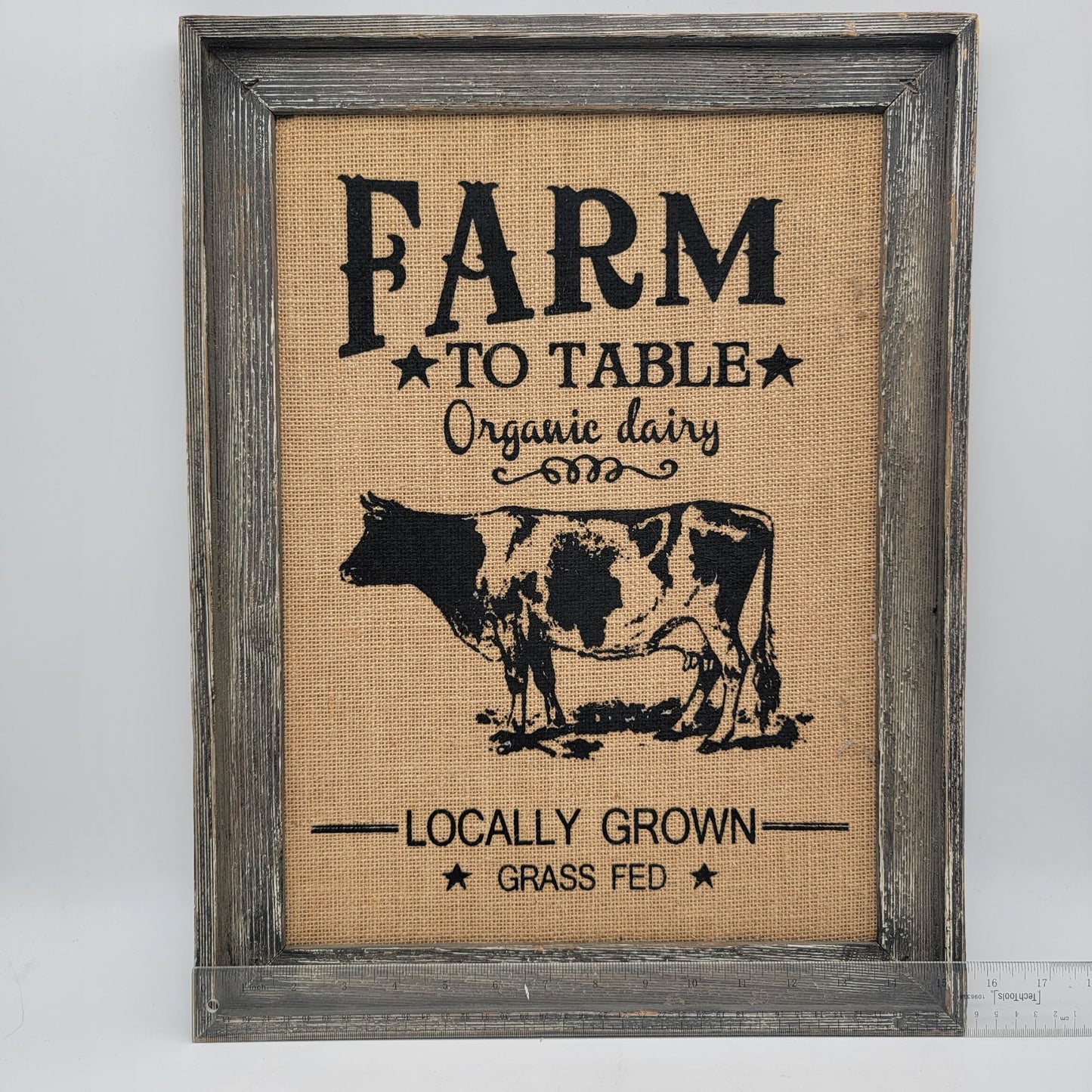 Farm To Table Burlap Wall Art Rustic Cow Print In Distressed Wooden Frame