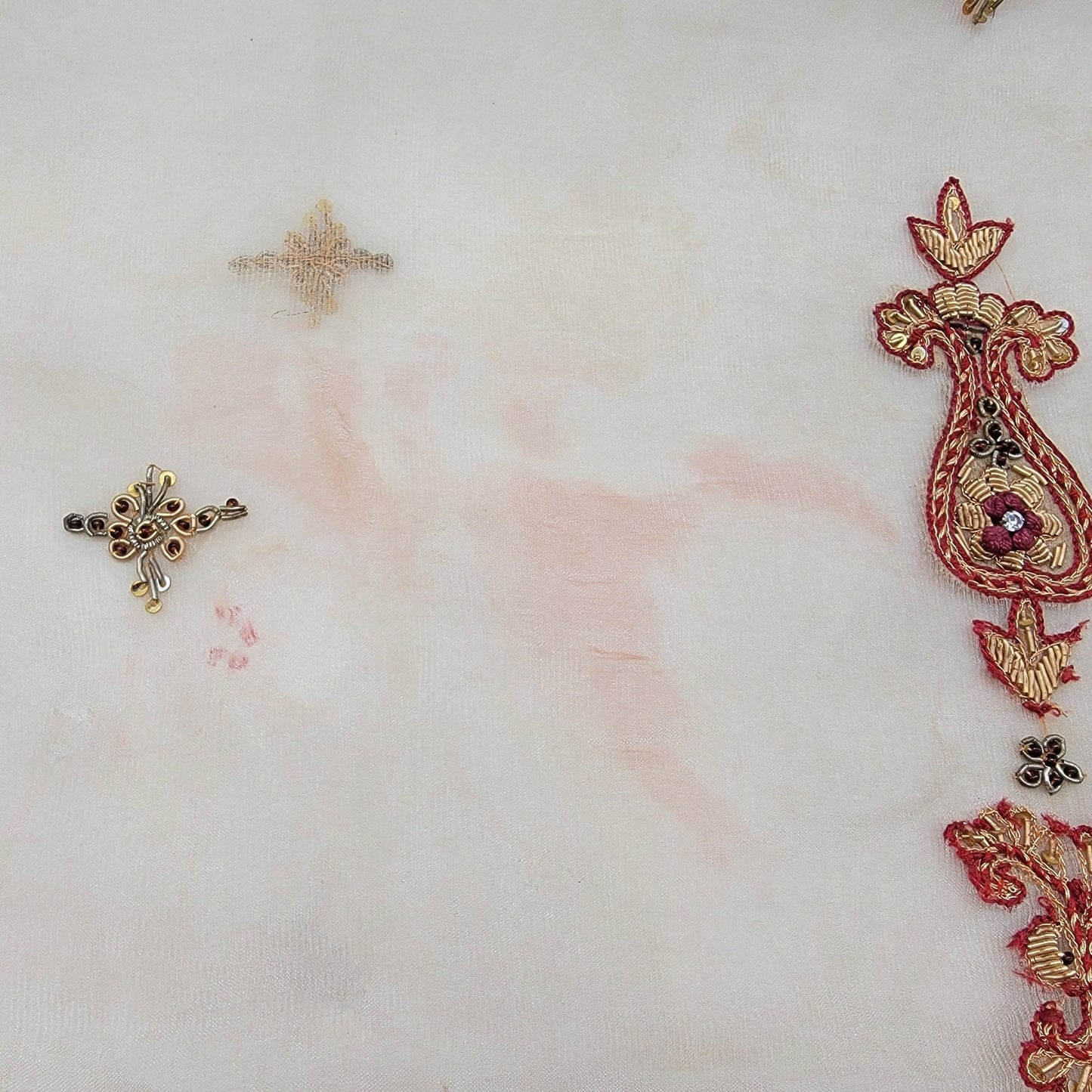 Vintage Pair of Embroidered 100% Silk Dupatta Scarves With Zardozi Gold Border