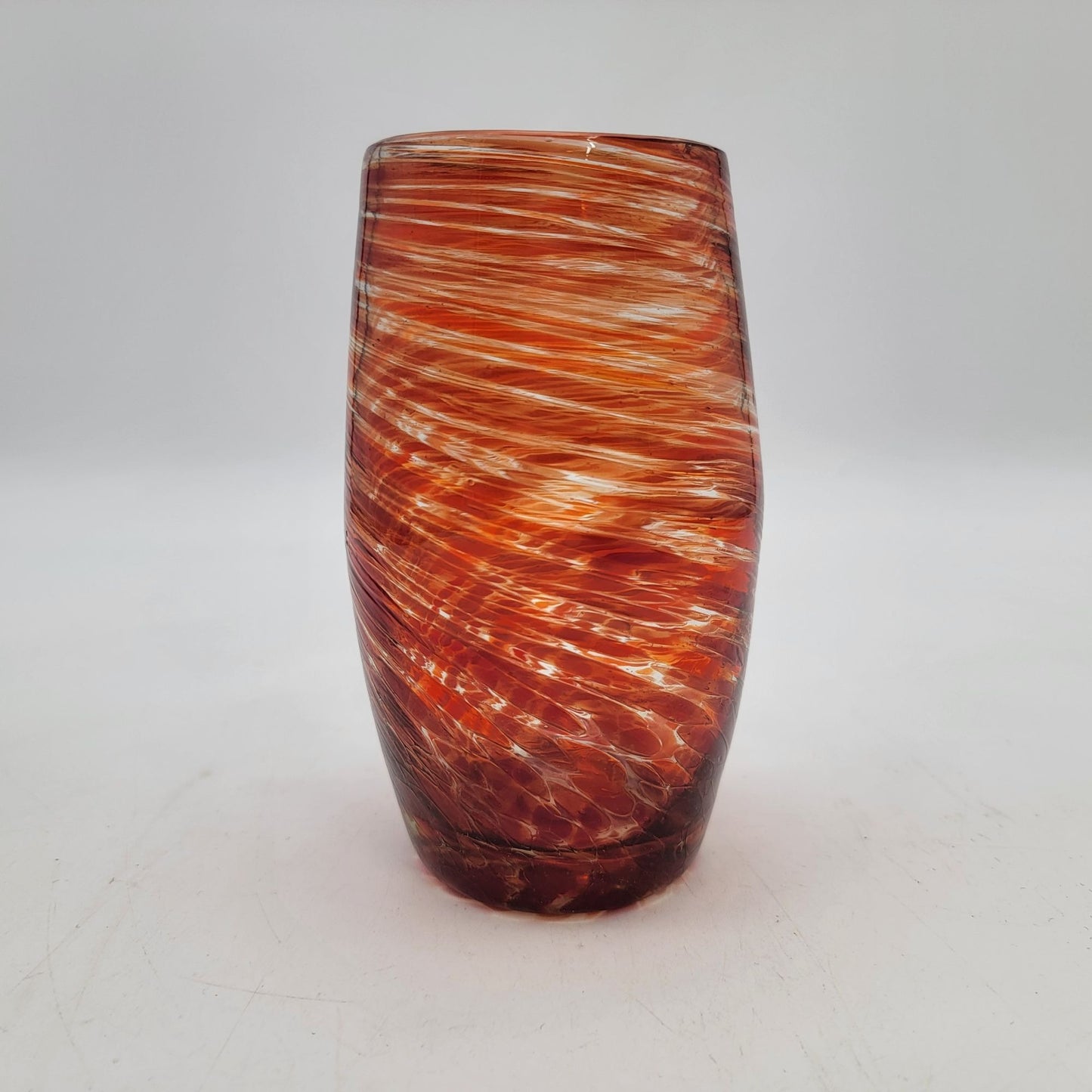 Hand-Blown Glass Vase With Swirled Amber & Red Pattern