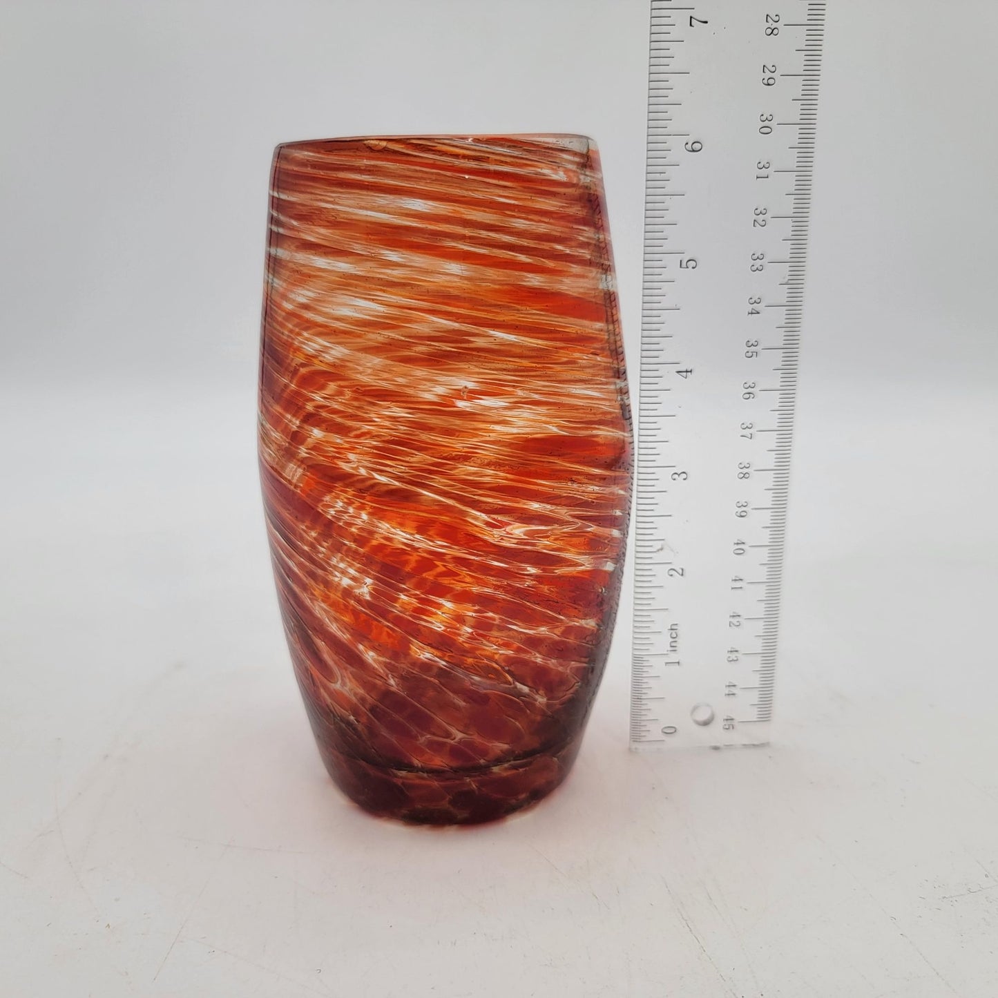 Hand-Blown Glass Vase With Swirled Amber & Red Pattern