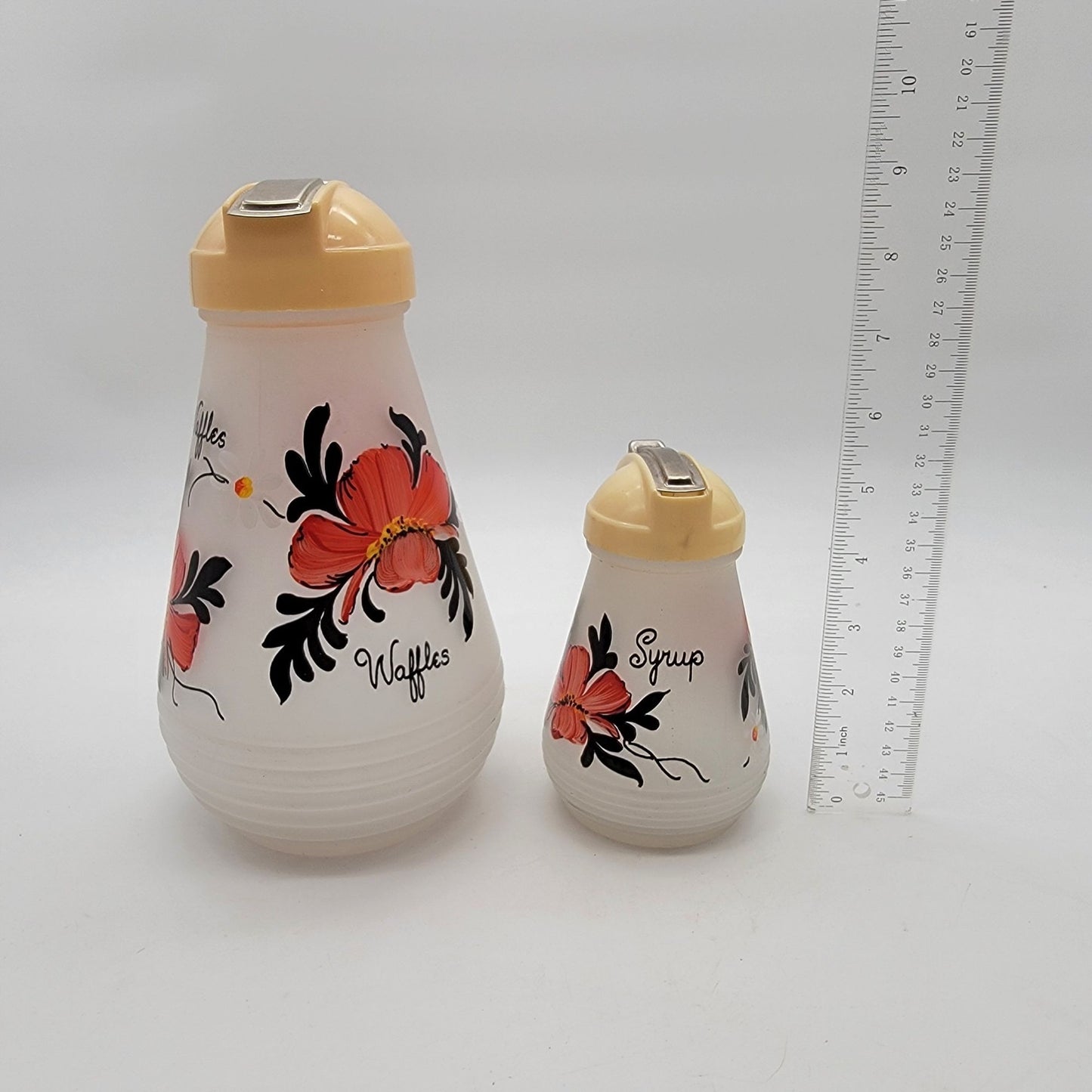 1950s Hazel Atlas Satin Glass Waffle & Syrup Pitchers Poppy Flowers
