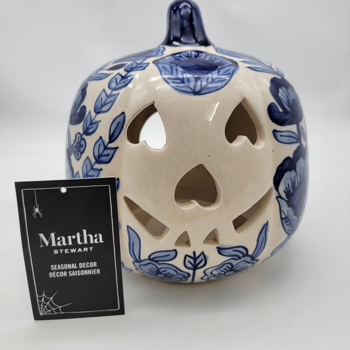 Talavera Style Halloween Pumpkin Jack-O-Lantern Blue and White