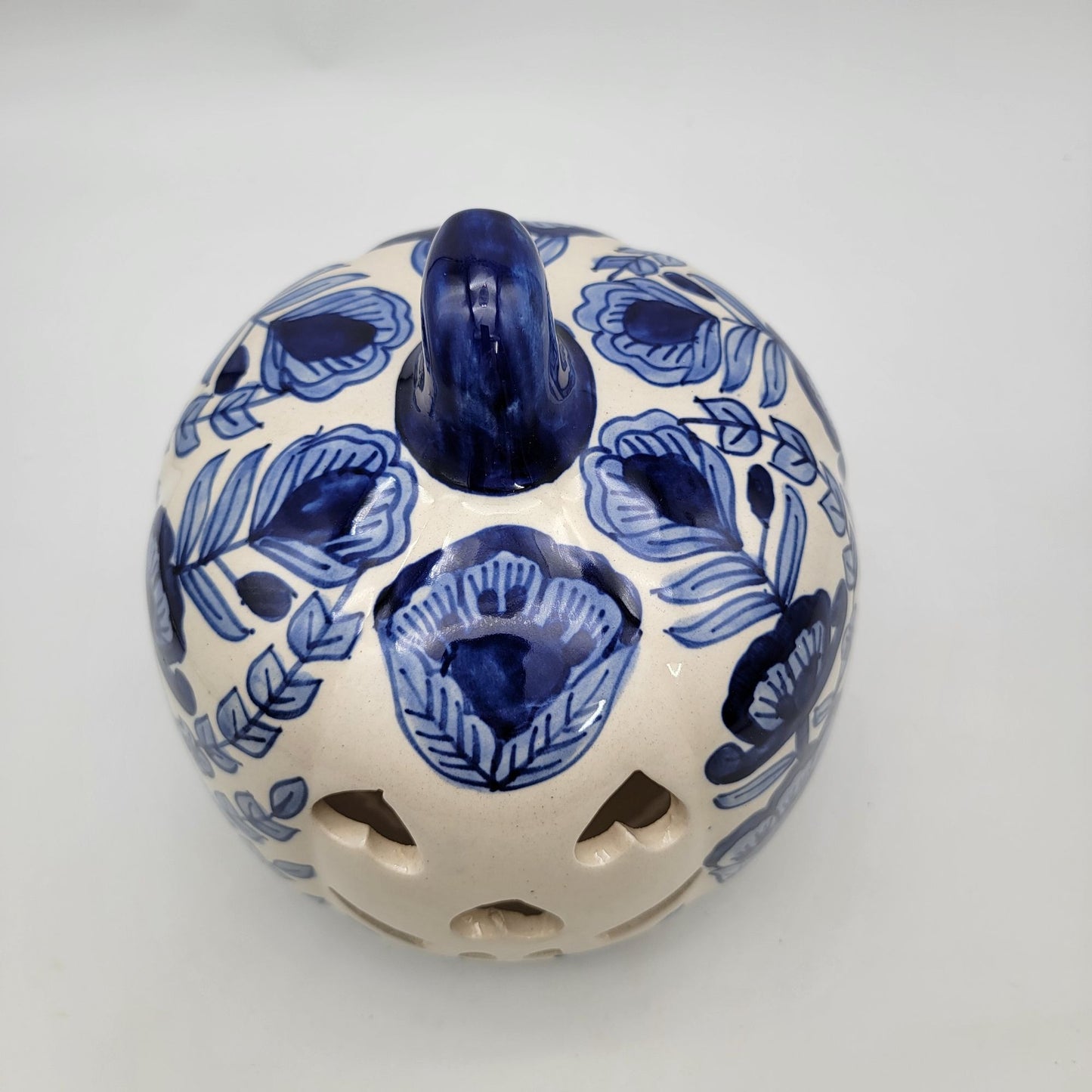 Talavera Style Halloween Pumpkin Jack-O-Lantern Blue and White