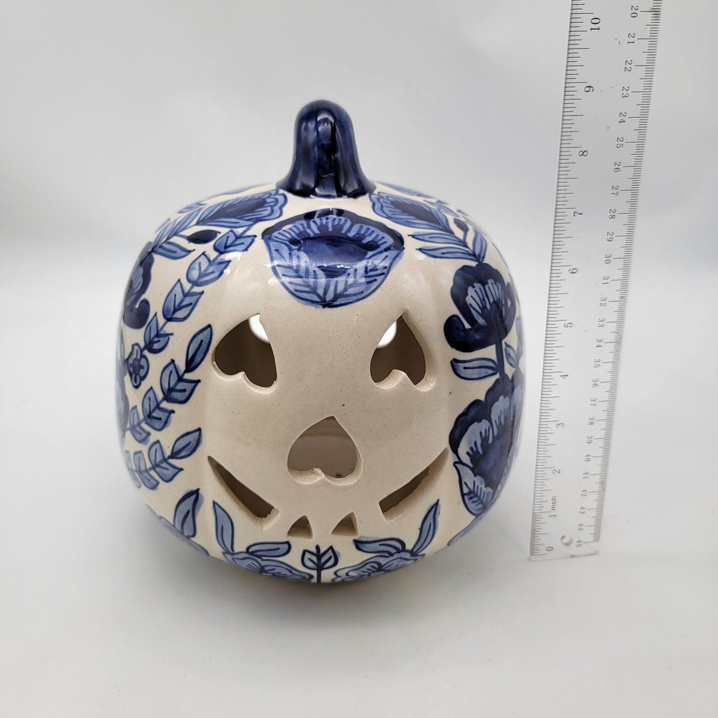 Talavera Style Halloween Pumpkin Jack-O-Lantern Blue and White