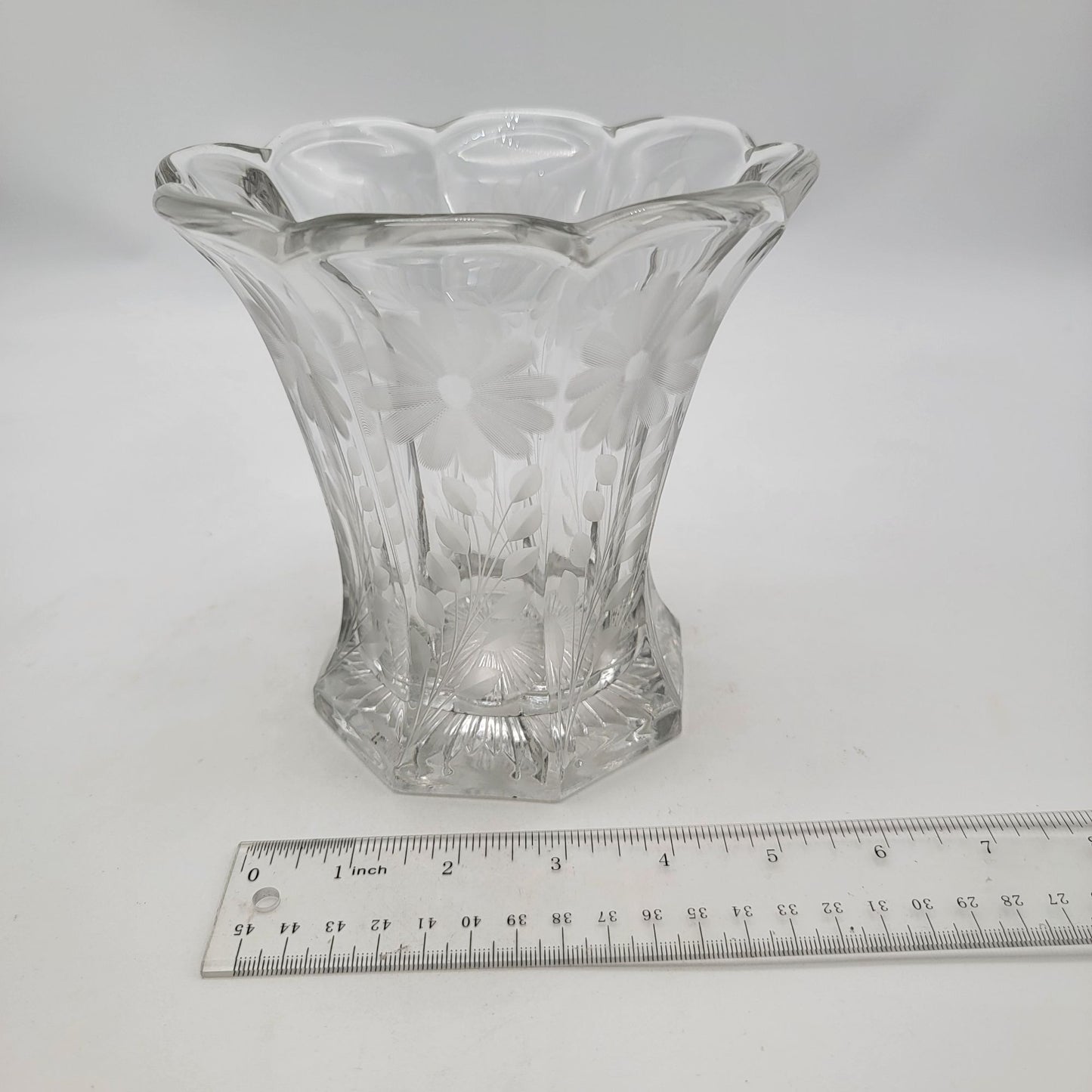 Vintage 1930's Glass Vase With Floral Etched Design