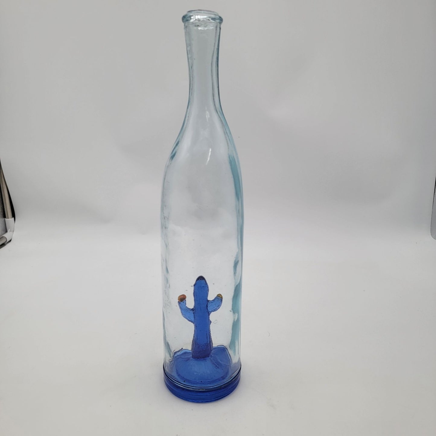 Handcrafted Blue Glass Bottle With Cactus