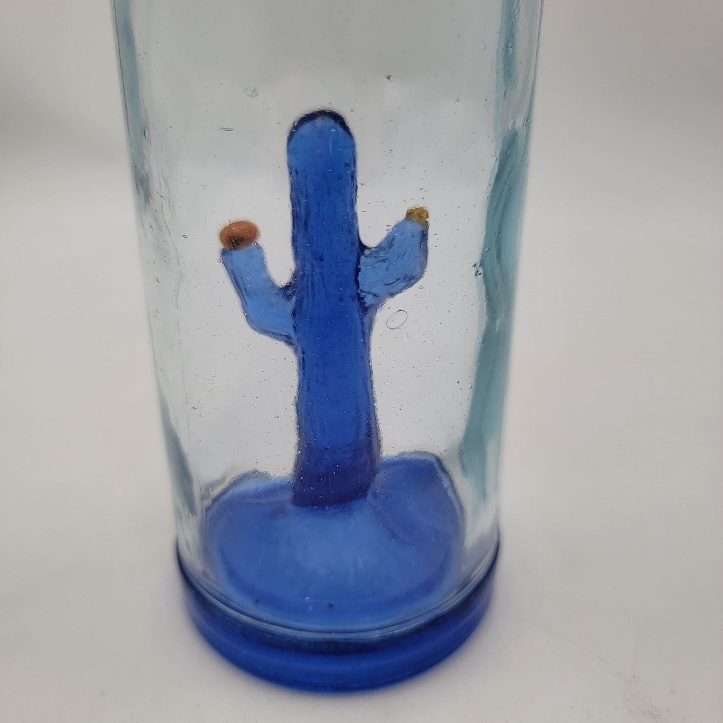 Handcrafted Blue Glass Bottle With Cactus