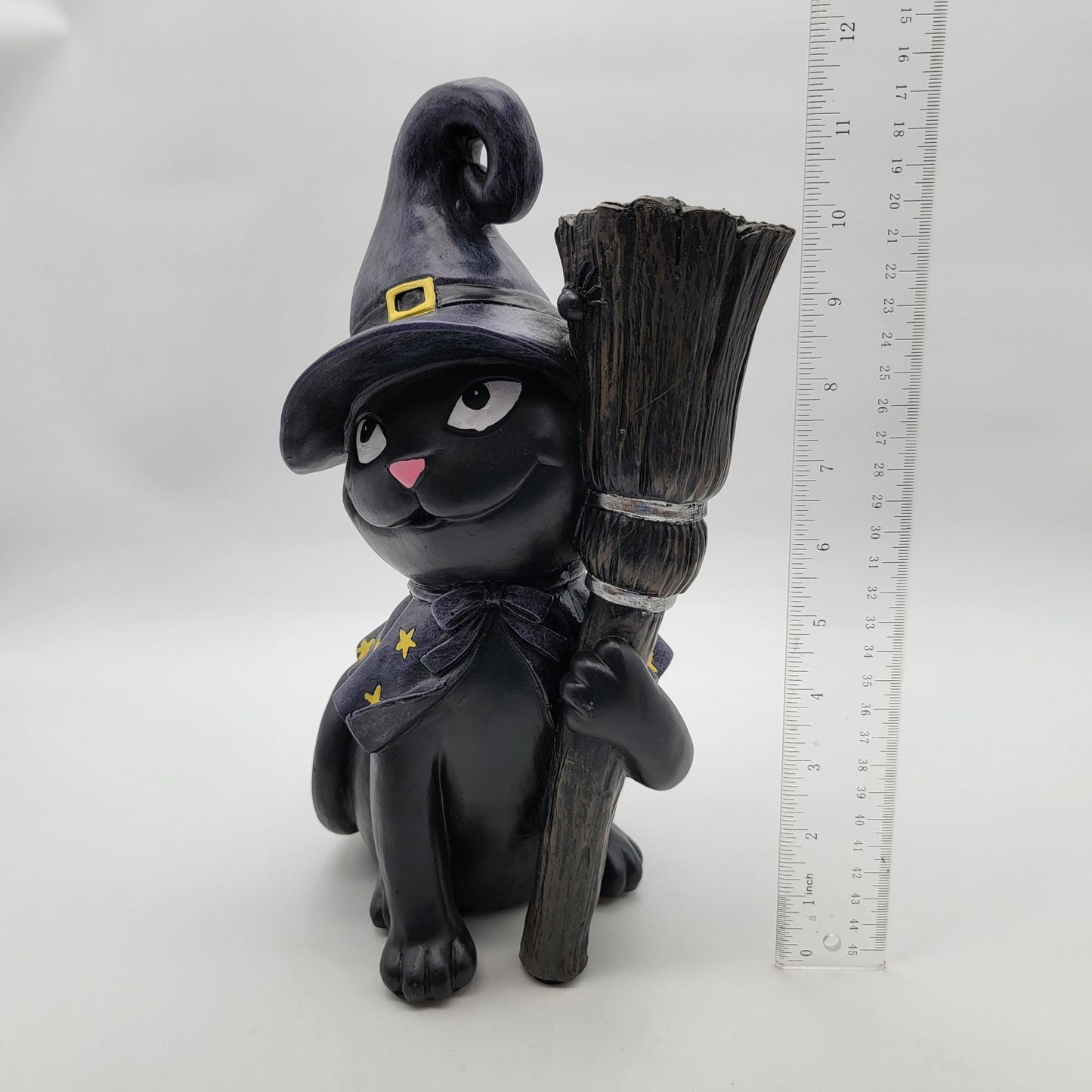 Black Cat Witch Hat & Broomstick Outdoor Statue