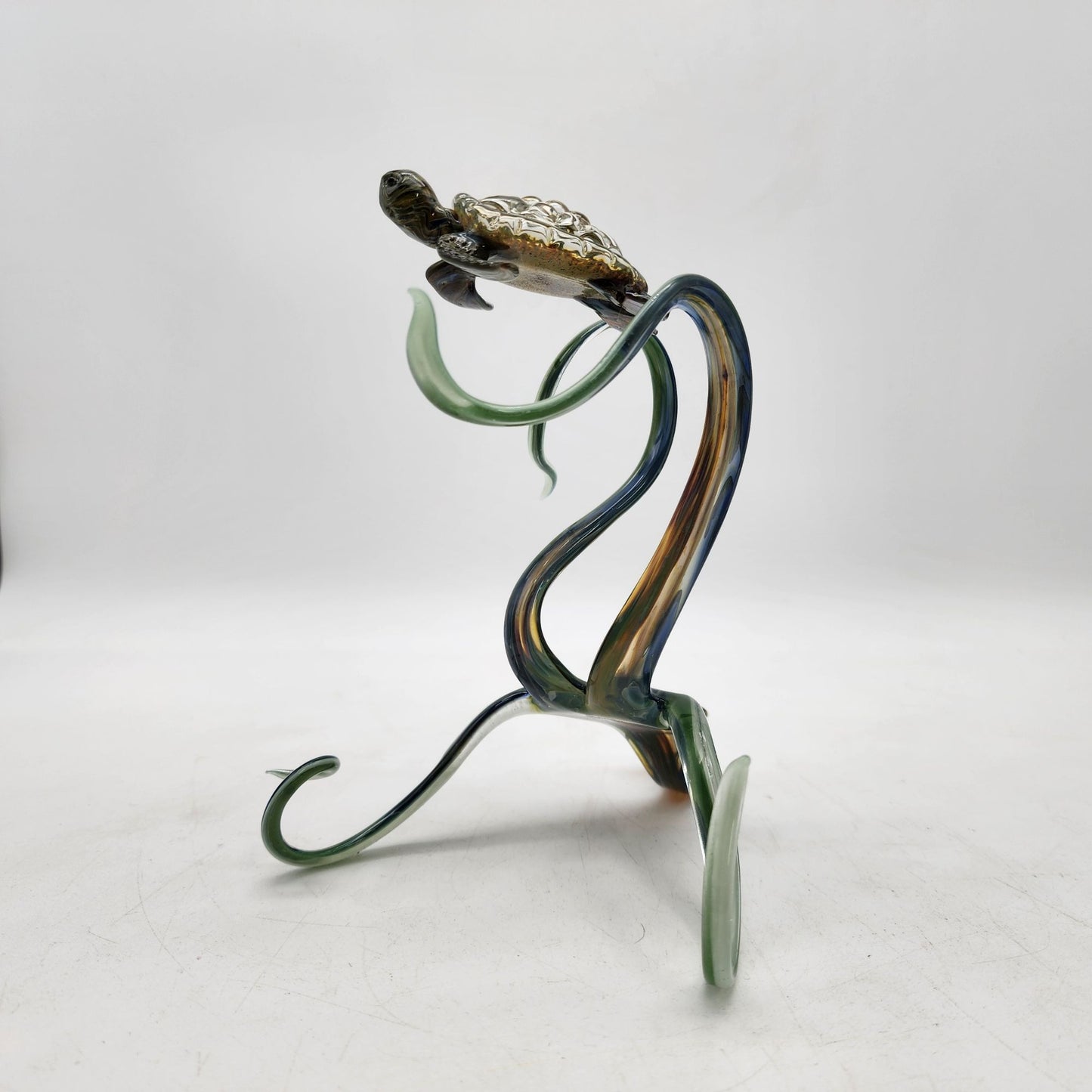 Handcrafted Blown Glass Sea Turtle Sculpture With Swirling Base