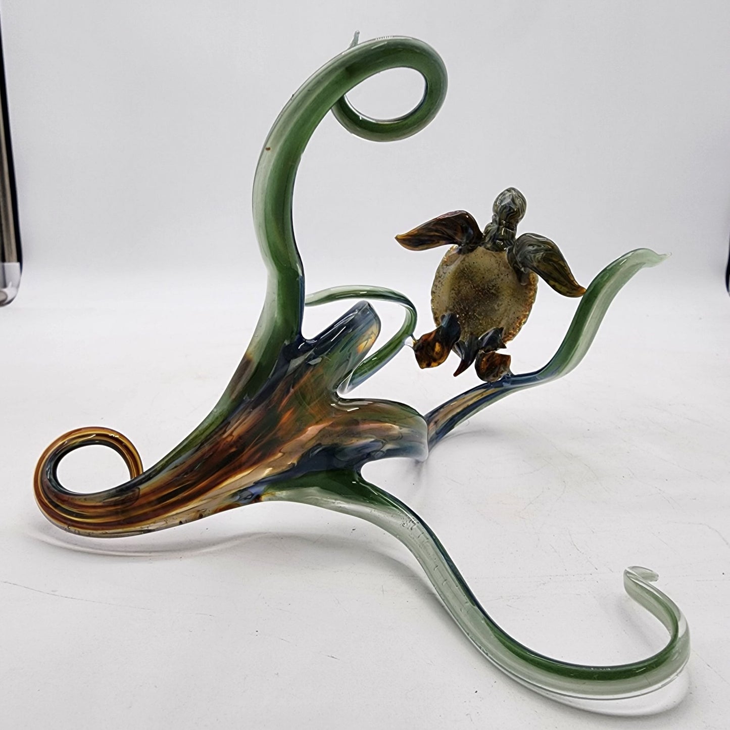 Handcrafted Blown Glass Sea Turtle Sculpture With Swirling Base
