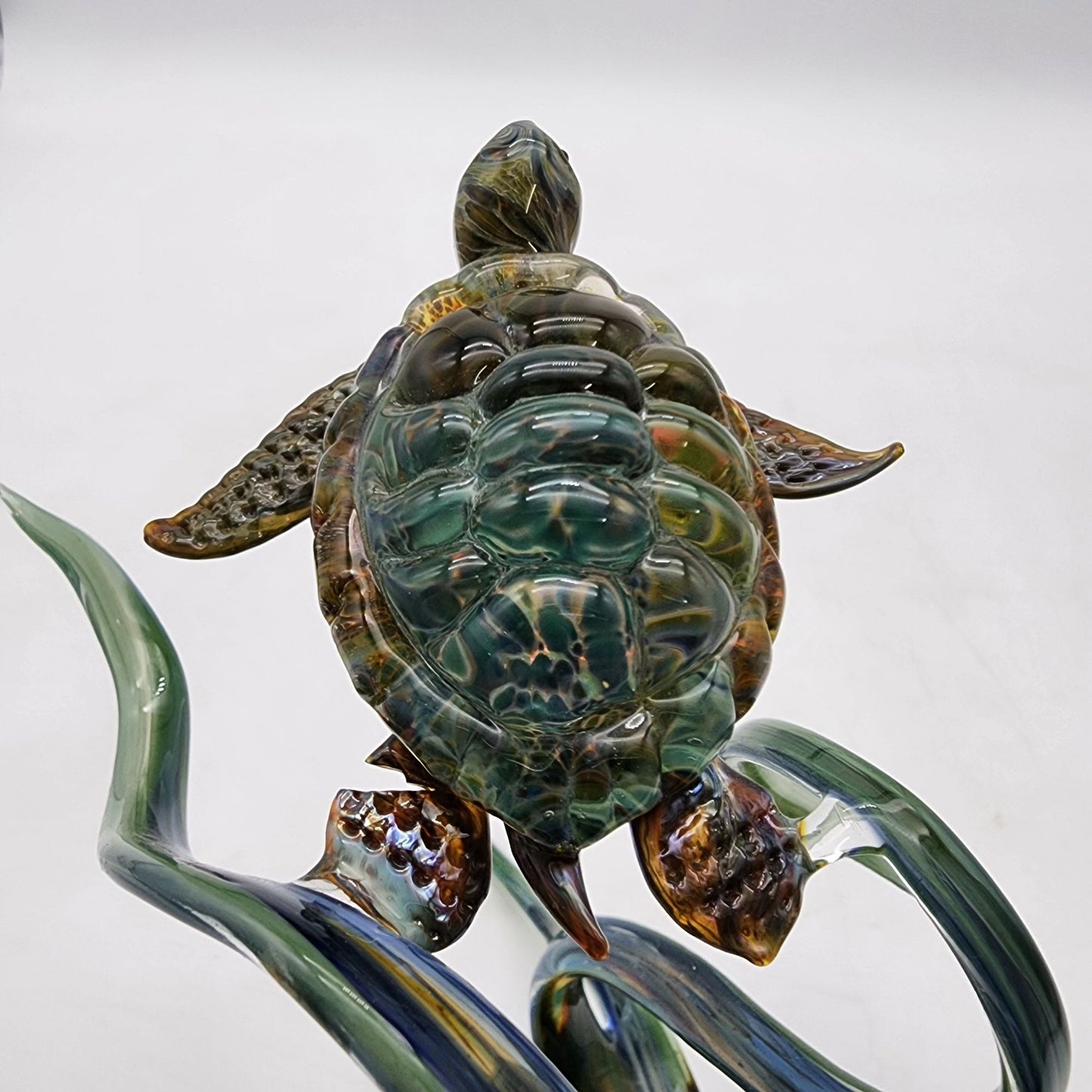 Handcrafted Blown Glass Sea Turtle Sculpture With Swirling Base