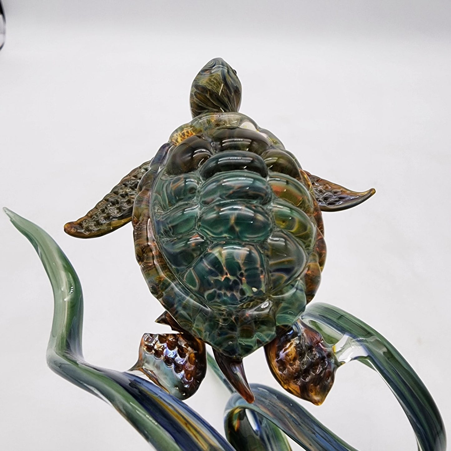 Handcrafted Blown Glass Sea Turtle Sculpture With Swirling Base