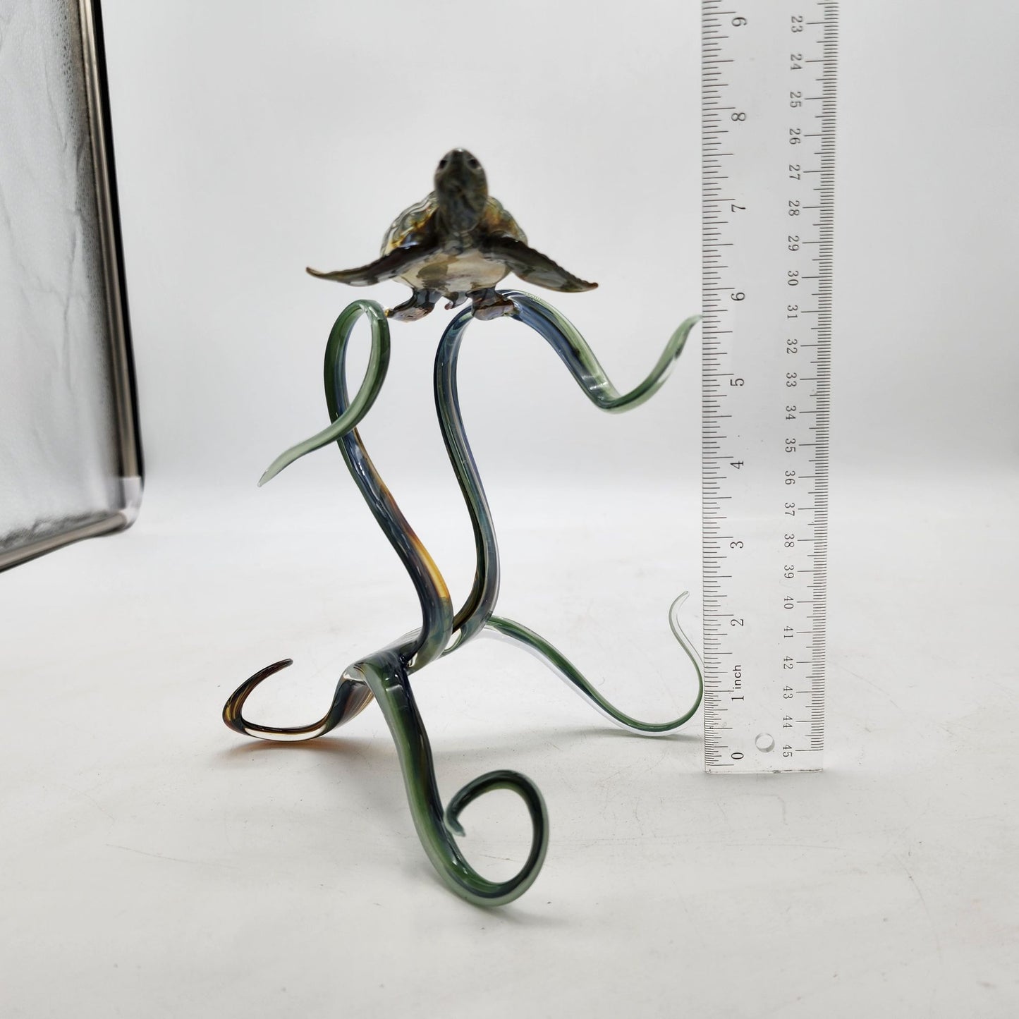 Handcrafted Blown Glass Sea Turtle Sculpture With Swirling Base
