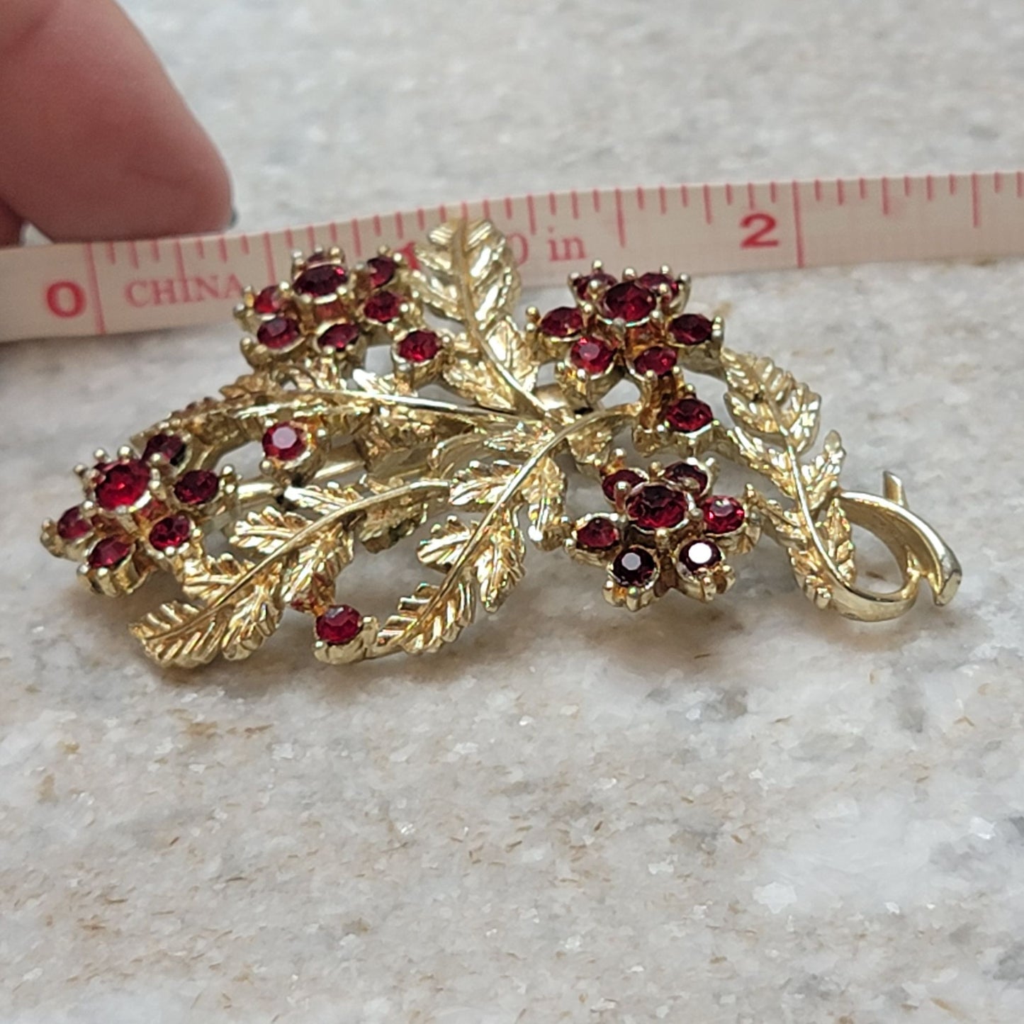 Vintage Red Rhinestone Floral Spray Brooch
