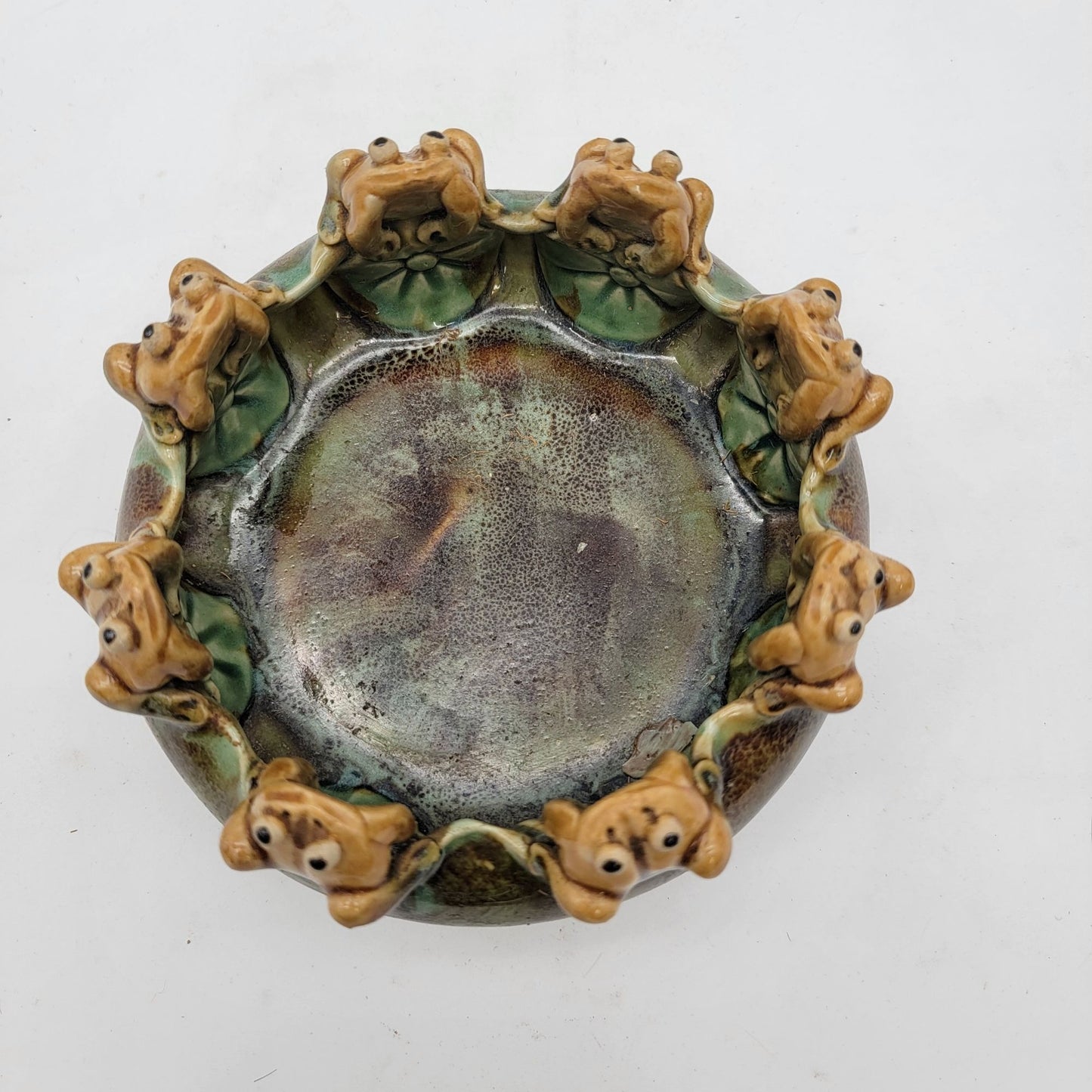 Vintage Majolica Pottery Planter Bowl With 8 Frogs
