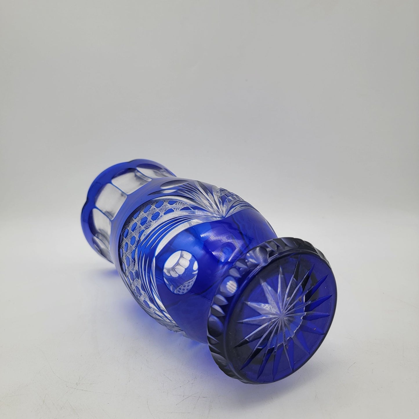Vintage Hand-Cut Bohemian Cut to Clear Cobalt Blue Glass Vase