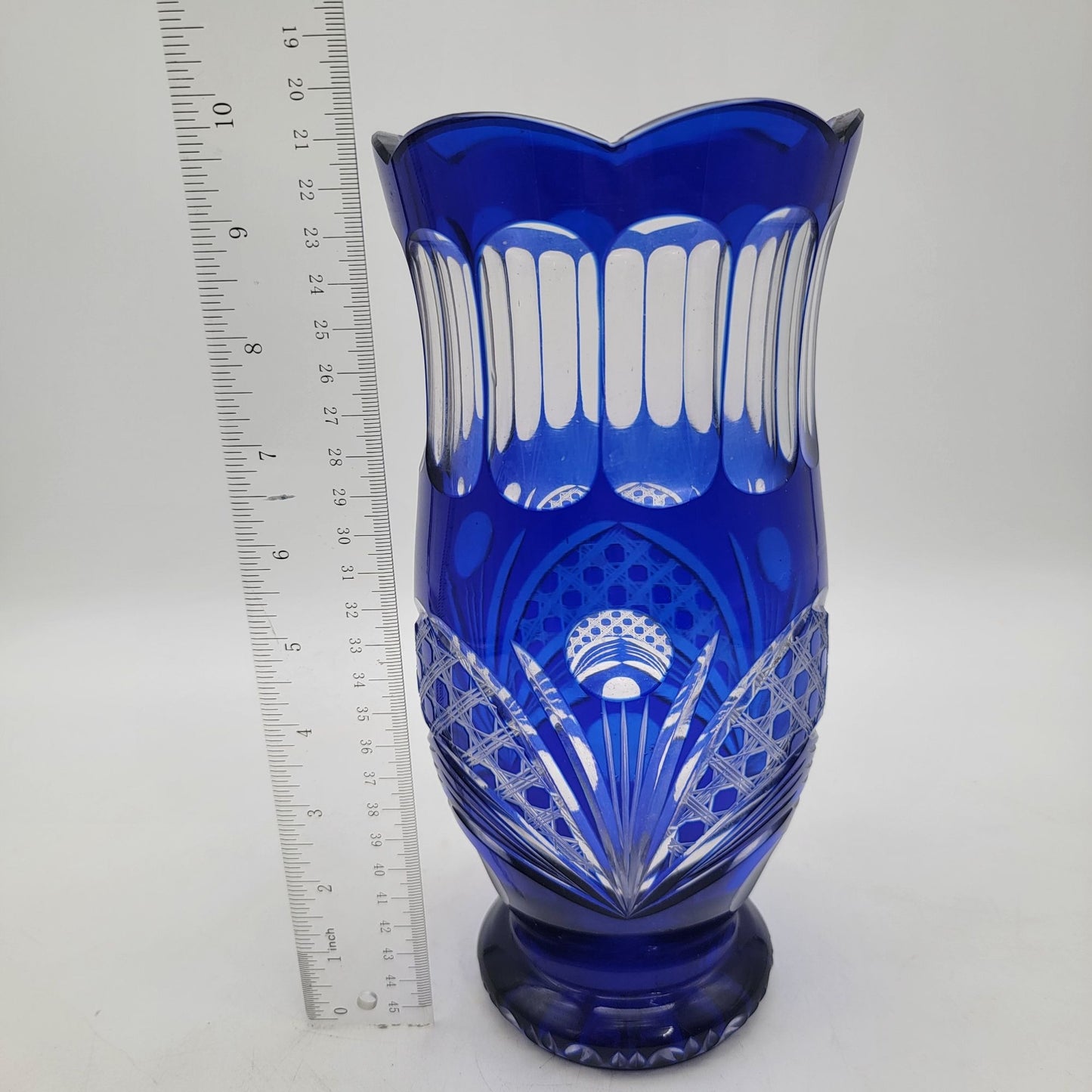 Vintage Hand-Cut Bohemian Cut to Clear Cobalt Blue Glass Vase