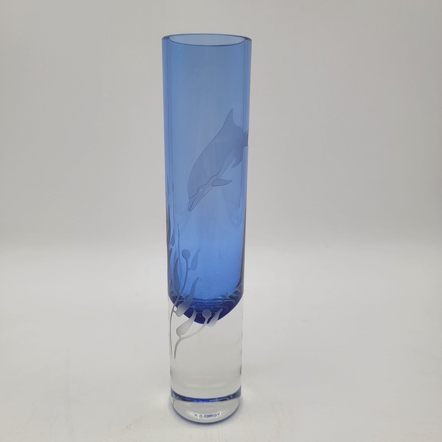 Etched Blue Glass Vase With Dolphin Design Signed By Artist