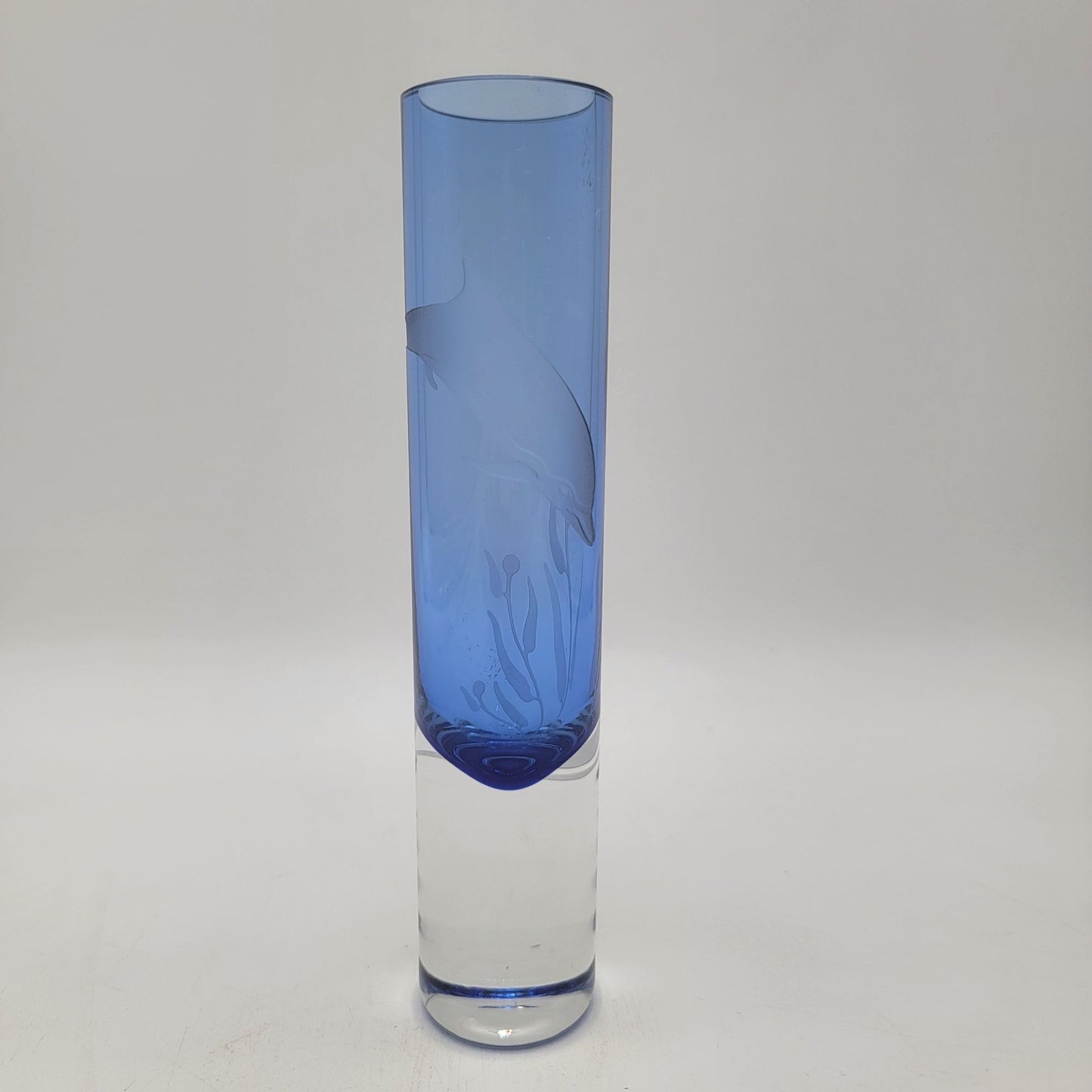 Etched Blue Glass Vase With Dolphin Design Signed By Artist