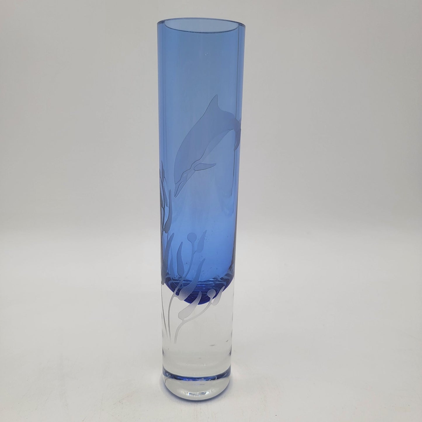 Etched Blue Glass Vase With Dolphin Design Signed By Artist