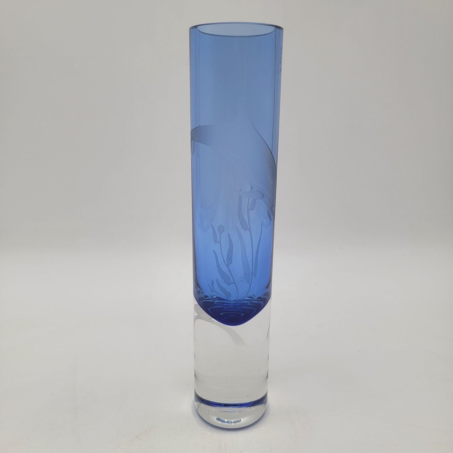 Etched Blue Glass Vase With Dolphin Design Signed By Artist
