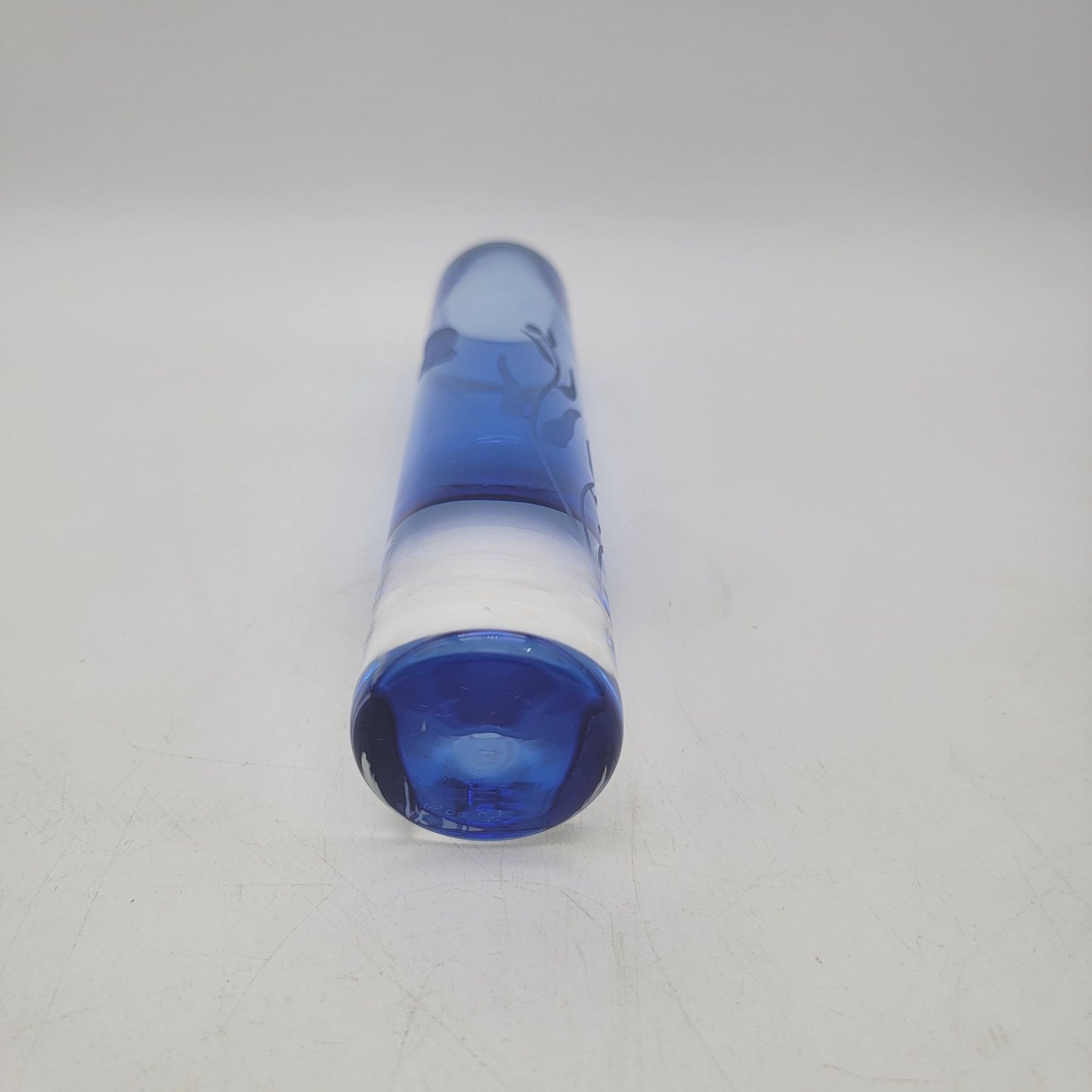 Etched Blue Glass Vase With Dolphin Design Signed By Artist