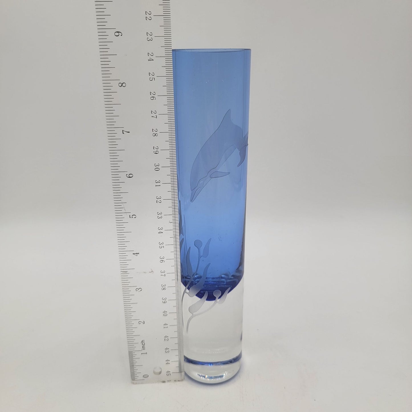 Etched Blue Glass Vase With Dolphin Design Signed By Artist