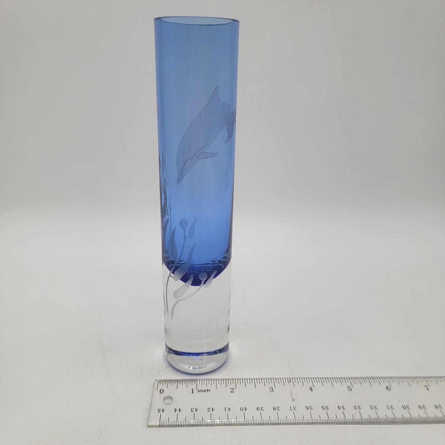 Etched Blue Glass Vase With Dolphin Design Signed By Artist